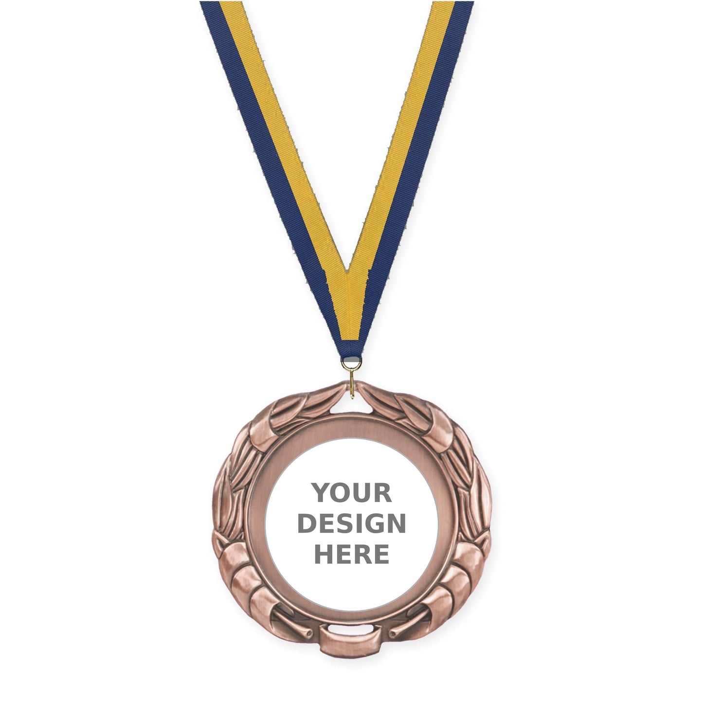 2 3/4 inch Double-Sided Wreath insert medal in antique bronze with Navy Gold neck ribbon