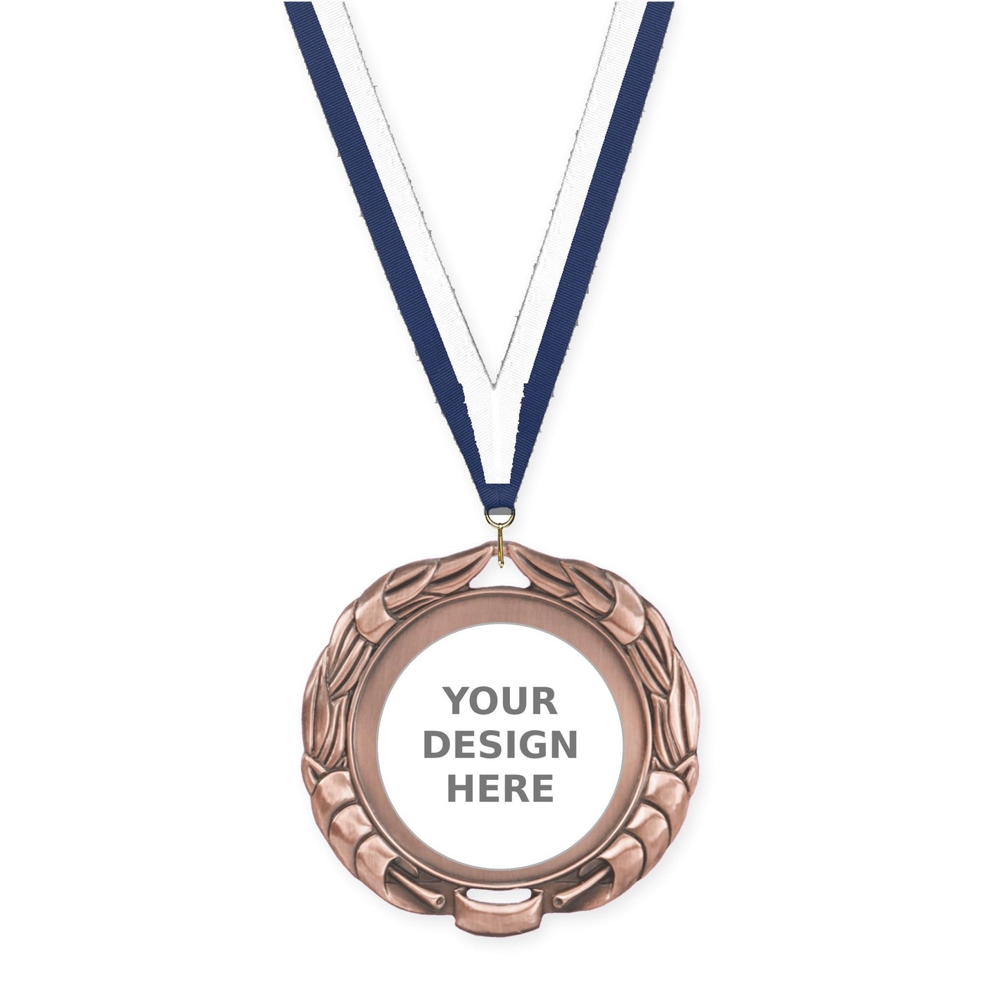 2 3/4 inch Double-Sided Wreath insert medal in antique bronze with Navy White neck ribbon