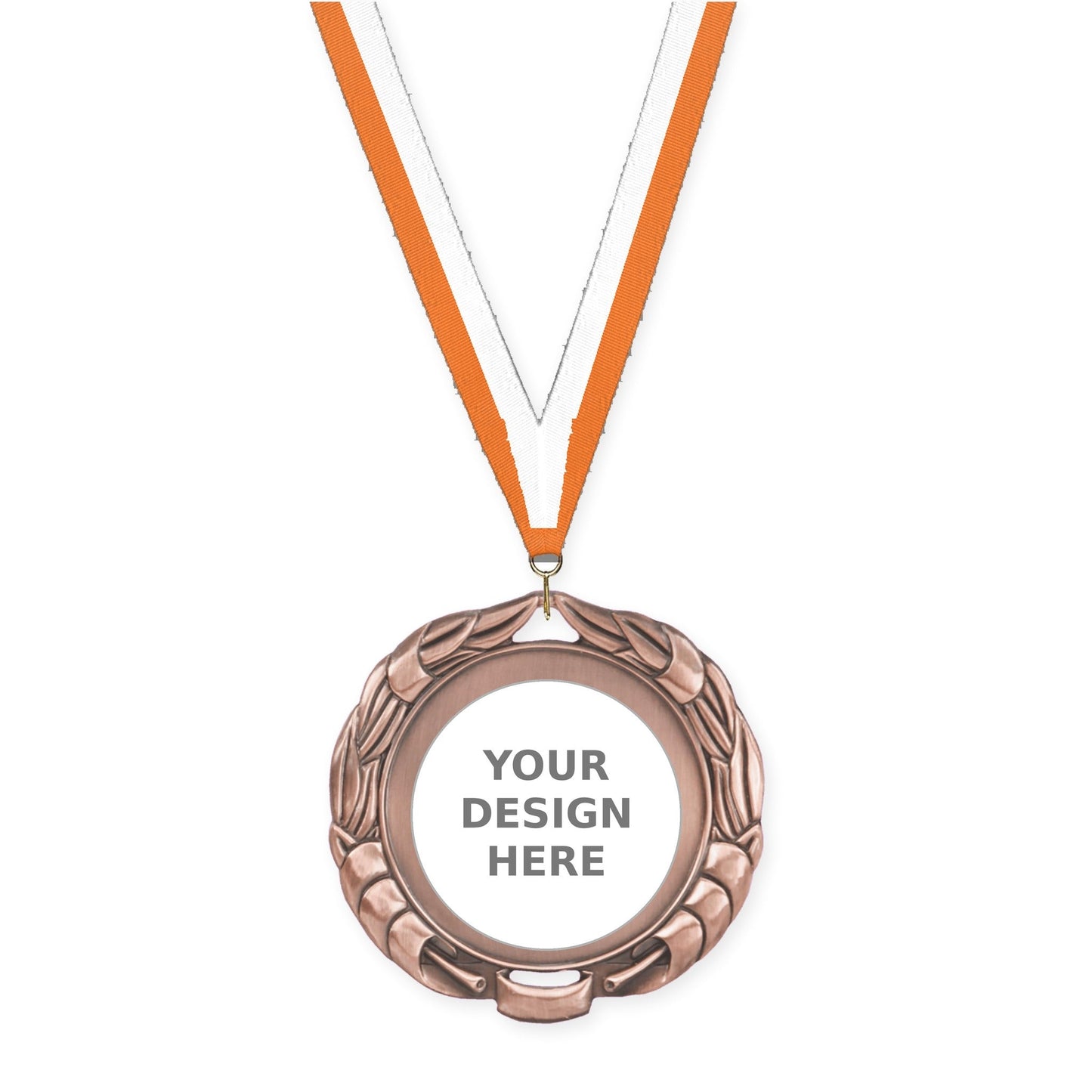 2 3/4 inch Double-Sided Wreath insert medal in antique bronze with Orange White neck ribbon
