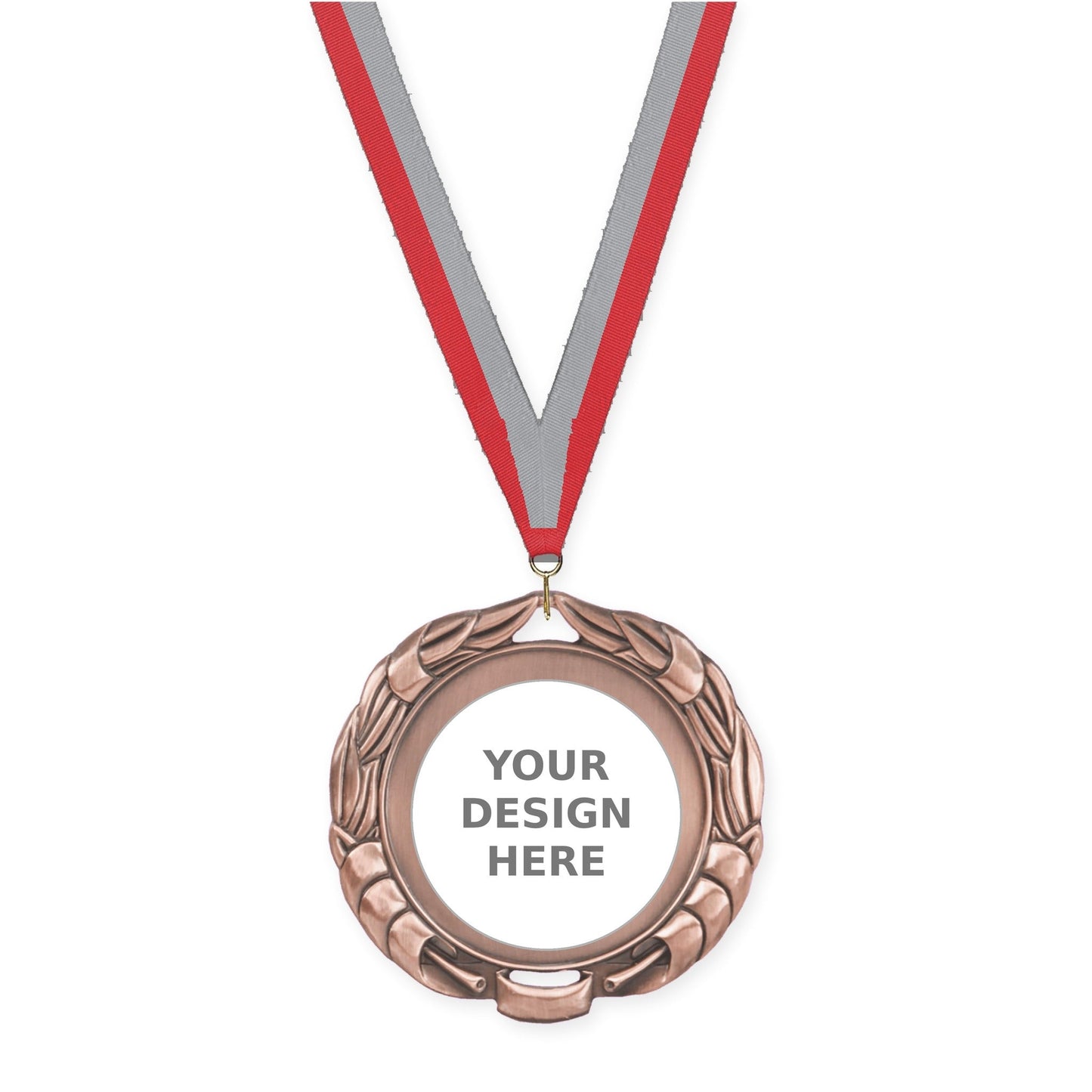 2 3/4 inch Double-Sided Wreath insert medal in antique bronze with Red Gray neck ribbon