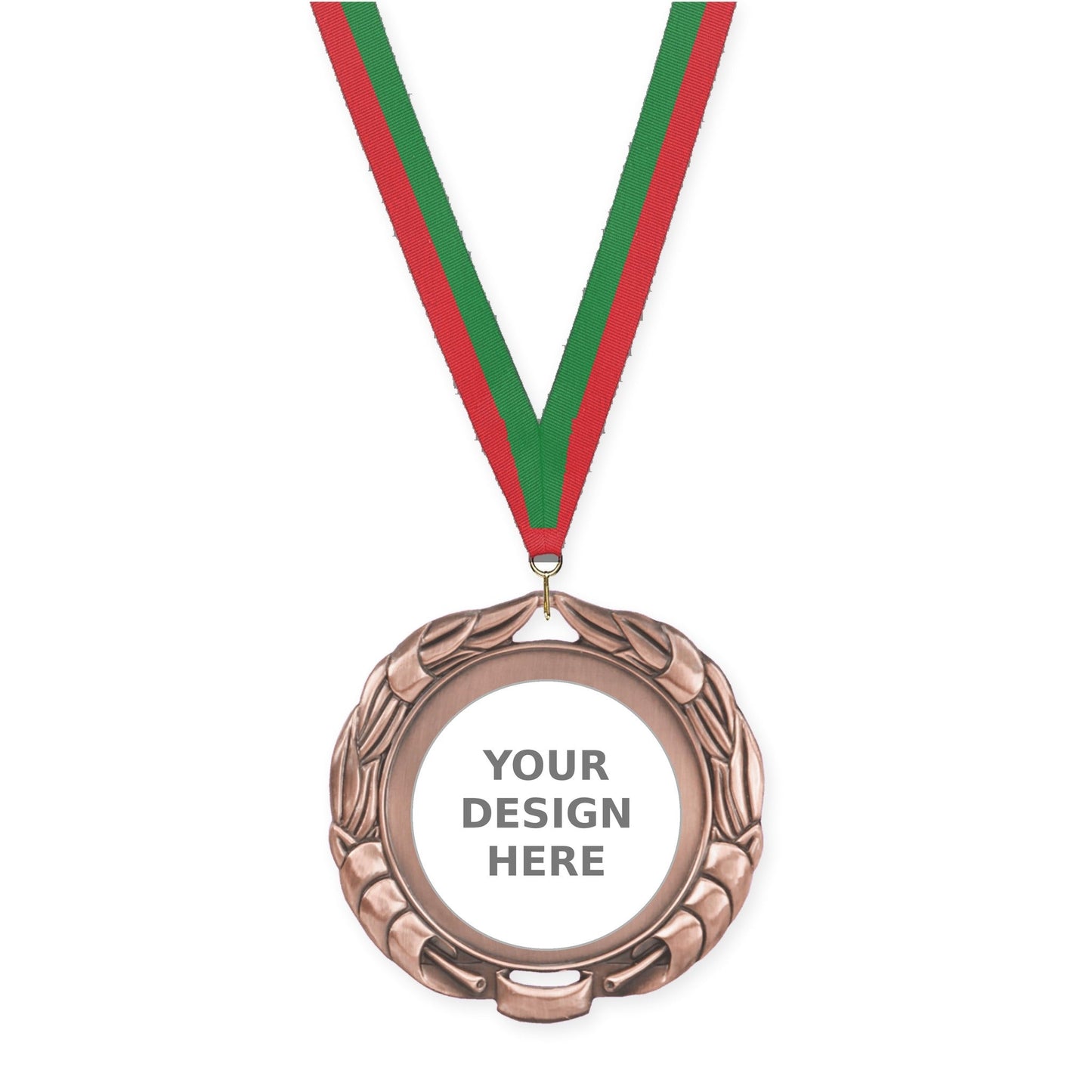 2 3/4 inch Double-Sided Wreath insert medal in antique bronze with Red Green neck ribbon