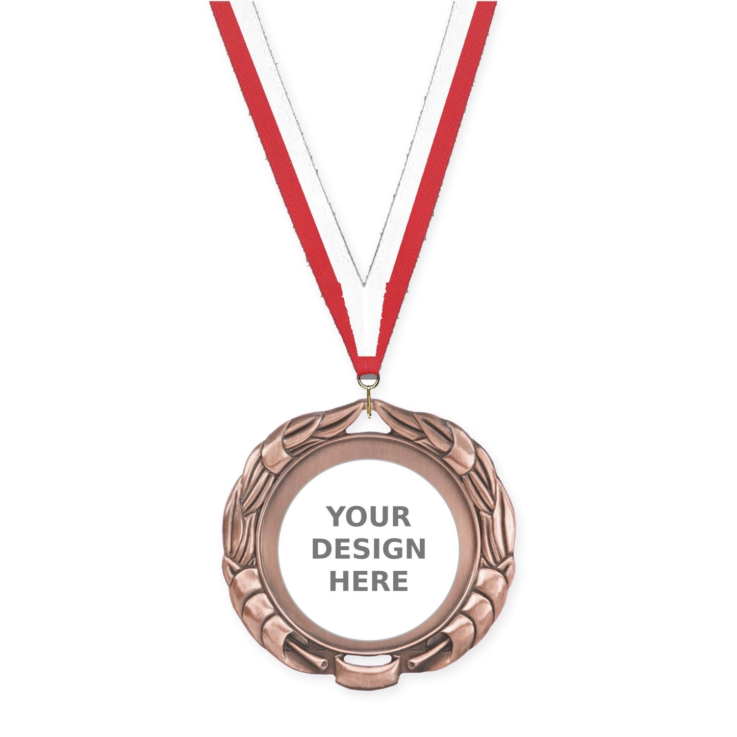 2 3/4 inch Double-Sided Wreath insert medal in antique bronze with Red White neck ribbon