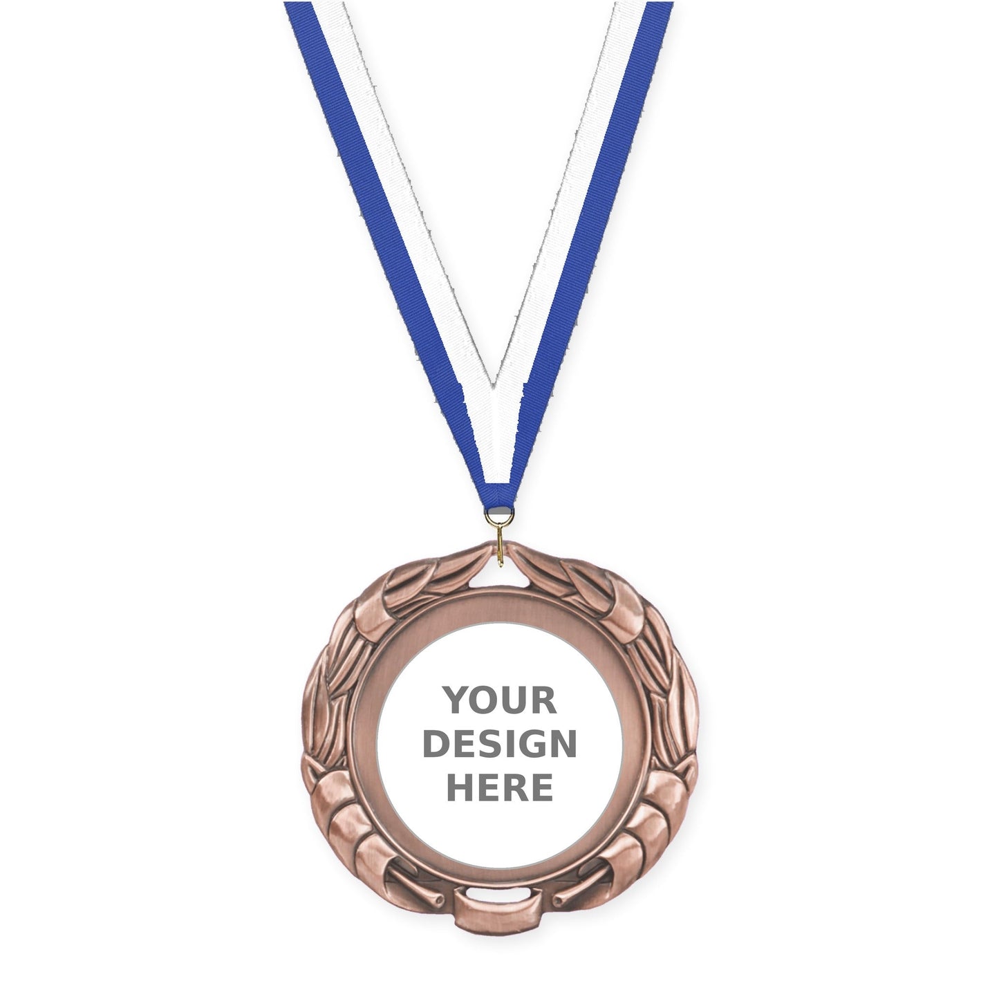 2 3/4 inch Double-Sided Wreath insert medal in antique bronze with Blue White neck ribbon