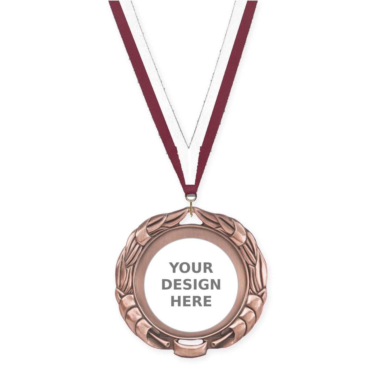2 3/4 inch Double-Sided Wreath insert medal in antique bronze with Maroon White neck ribbon