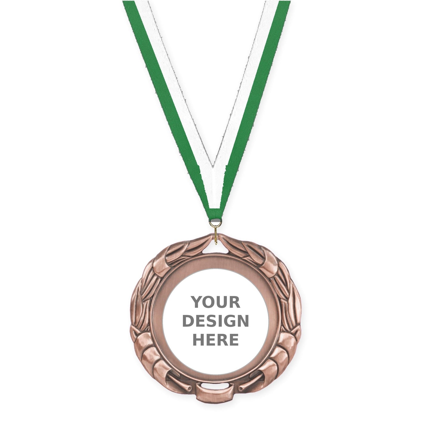 2 3/4 inch Double-Sided Wreath insert medal in antique bronze with Green White neck ribbon