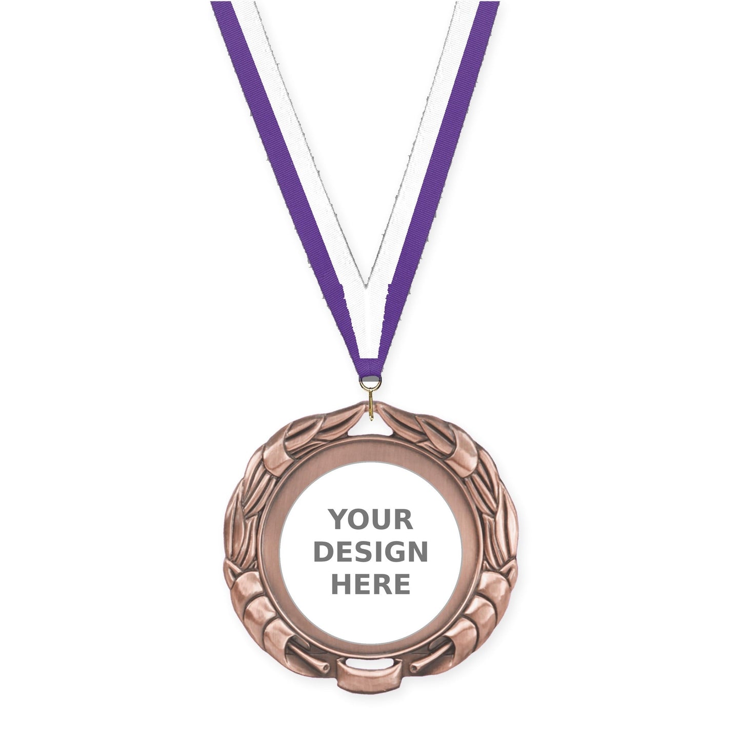 2 3/4 inch Double-Sided Wreath insert medal in antique bronze with Purple White neck ribbon