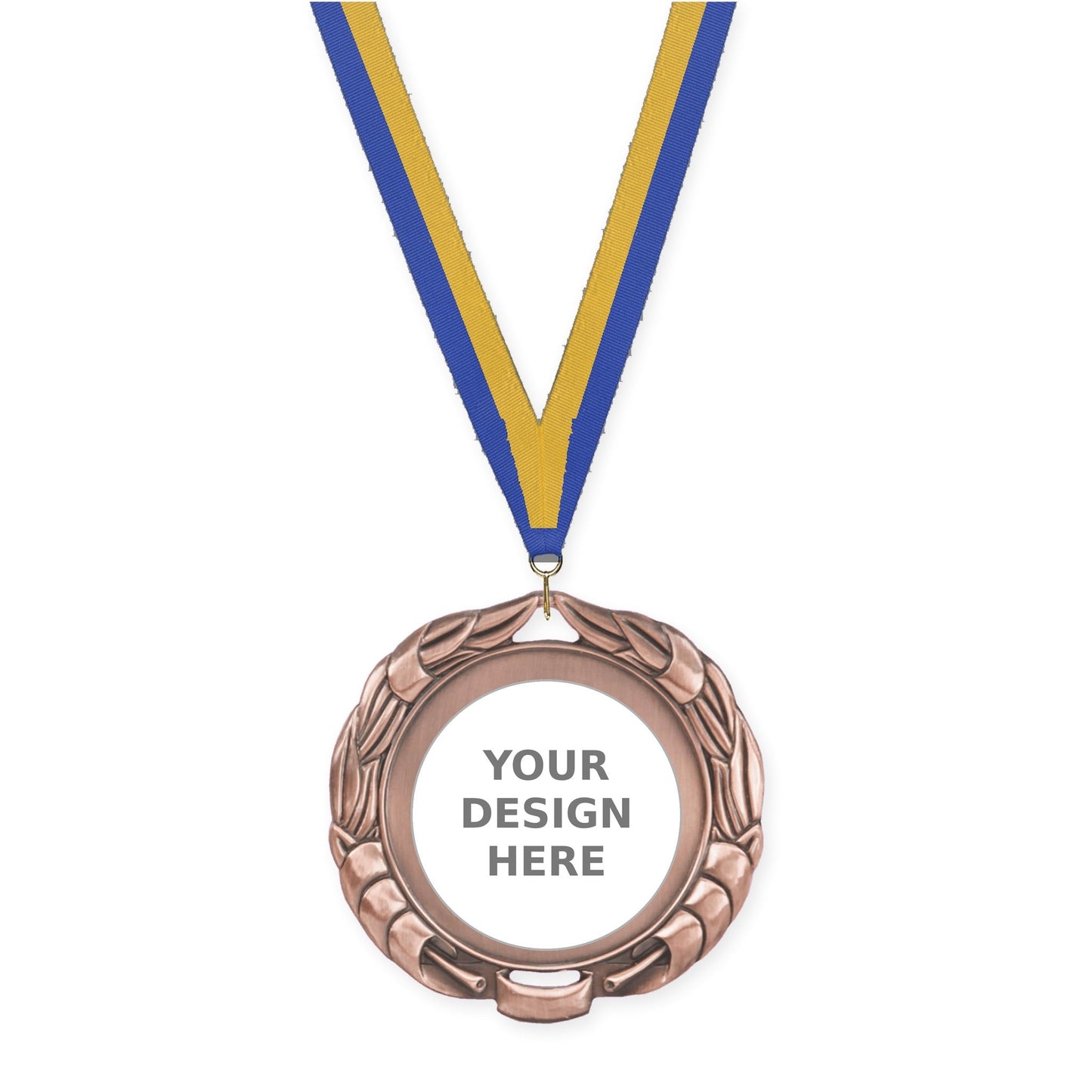 2 3/4 inch Double-Sided Wreath insert medal in antique bronze with Blue Gold neck ribbon