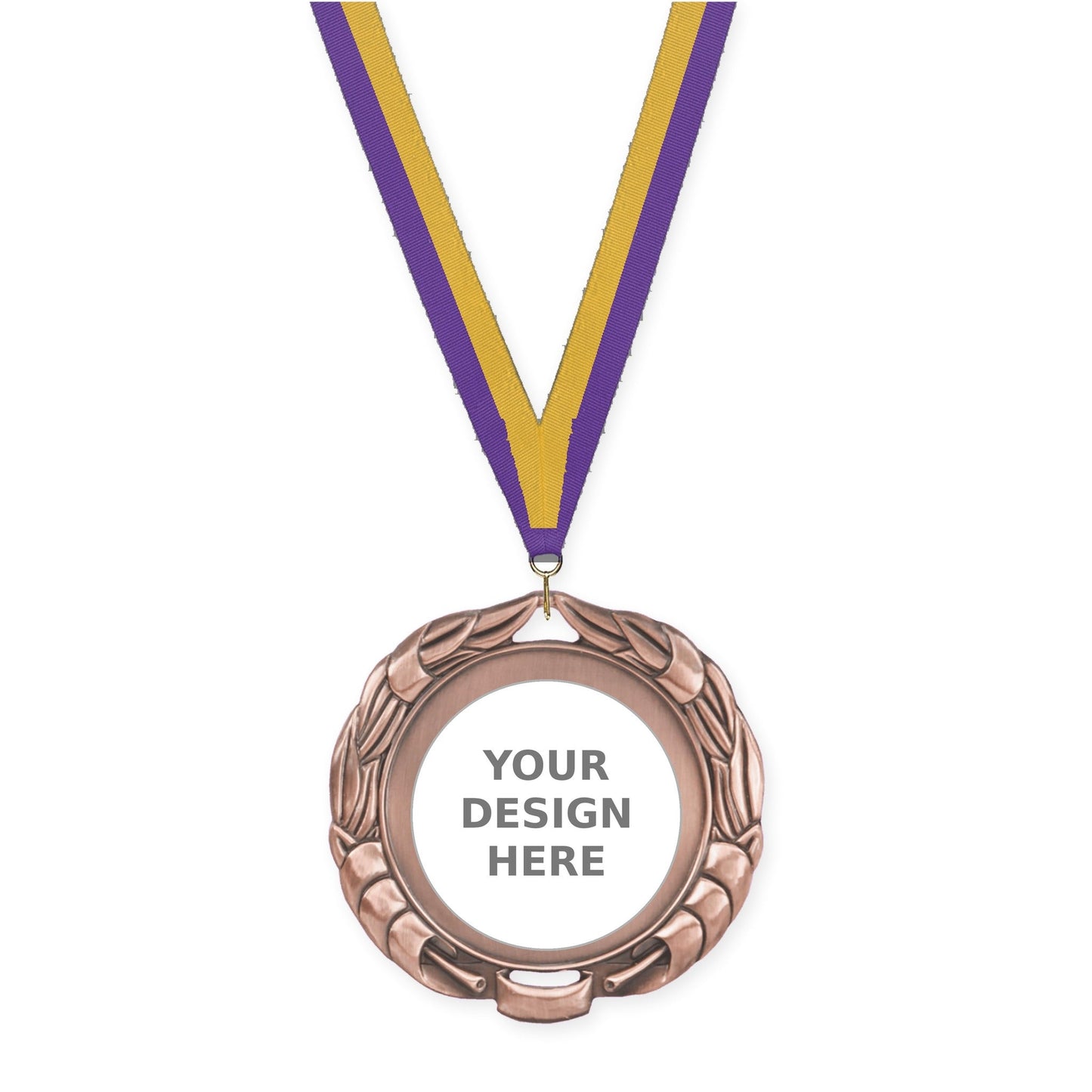 2 3/4 inch Double-Sided Wreath insert medal in antique bronze with Purple Gold neck ribbon