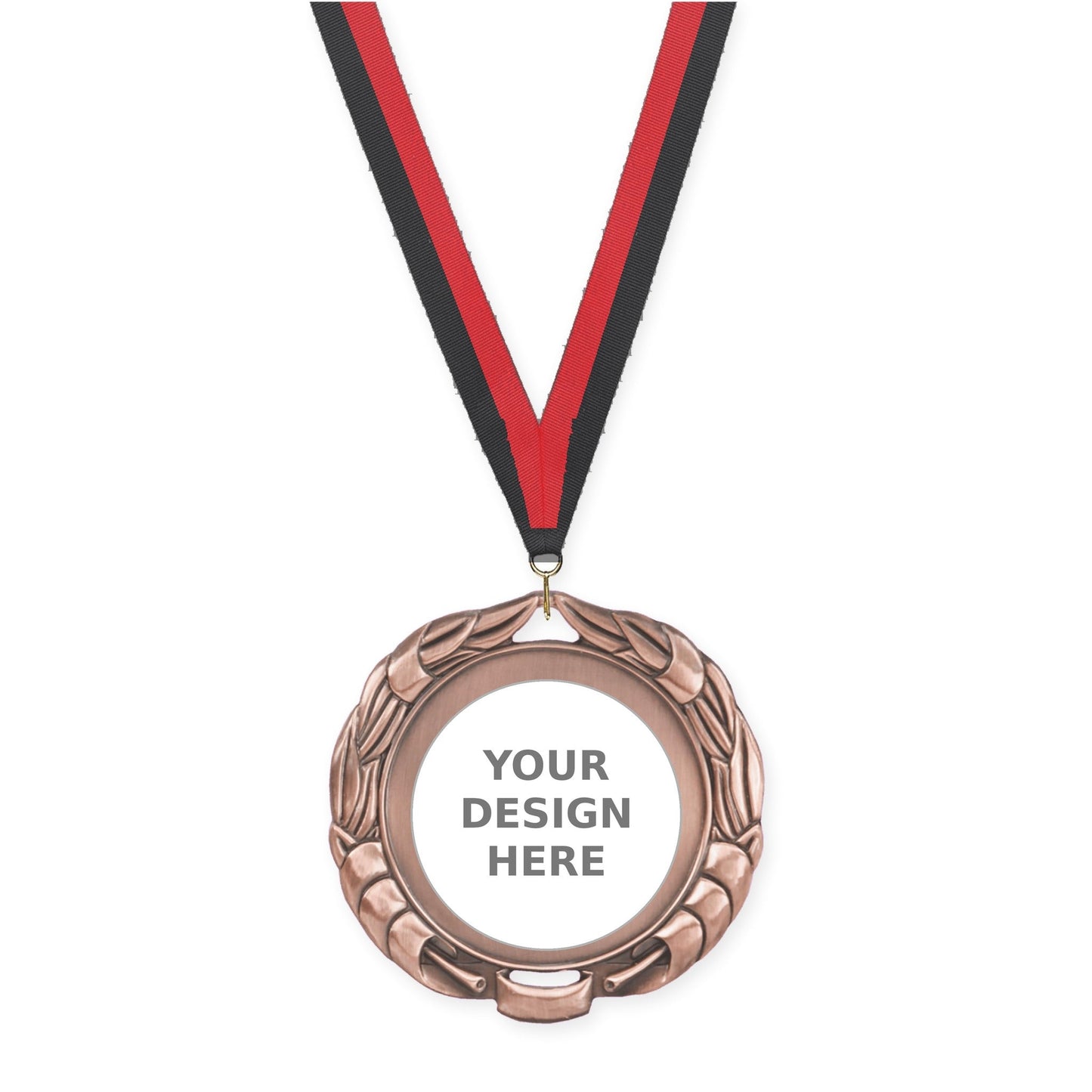 2 3/4 inch Double-Sided Wreath insert medal in antique bronze with Black Red neck ribbon