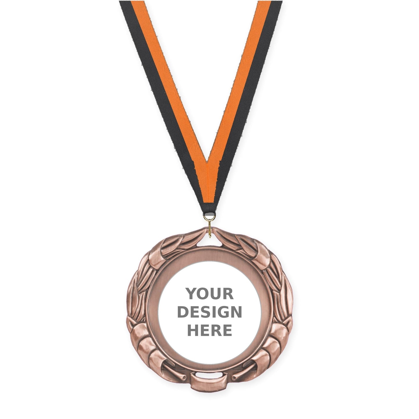 2 3/4 inch Double-Sided Wreath insert medal in antique bronze with Black Orange neck ribbon