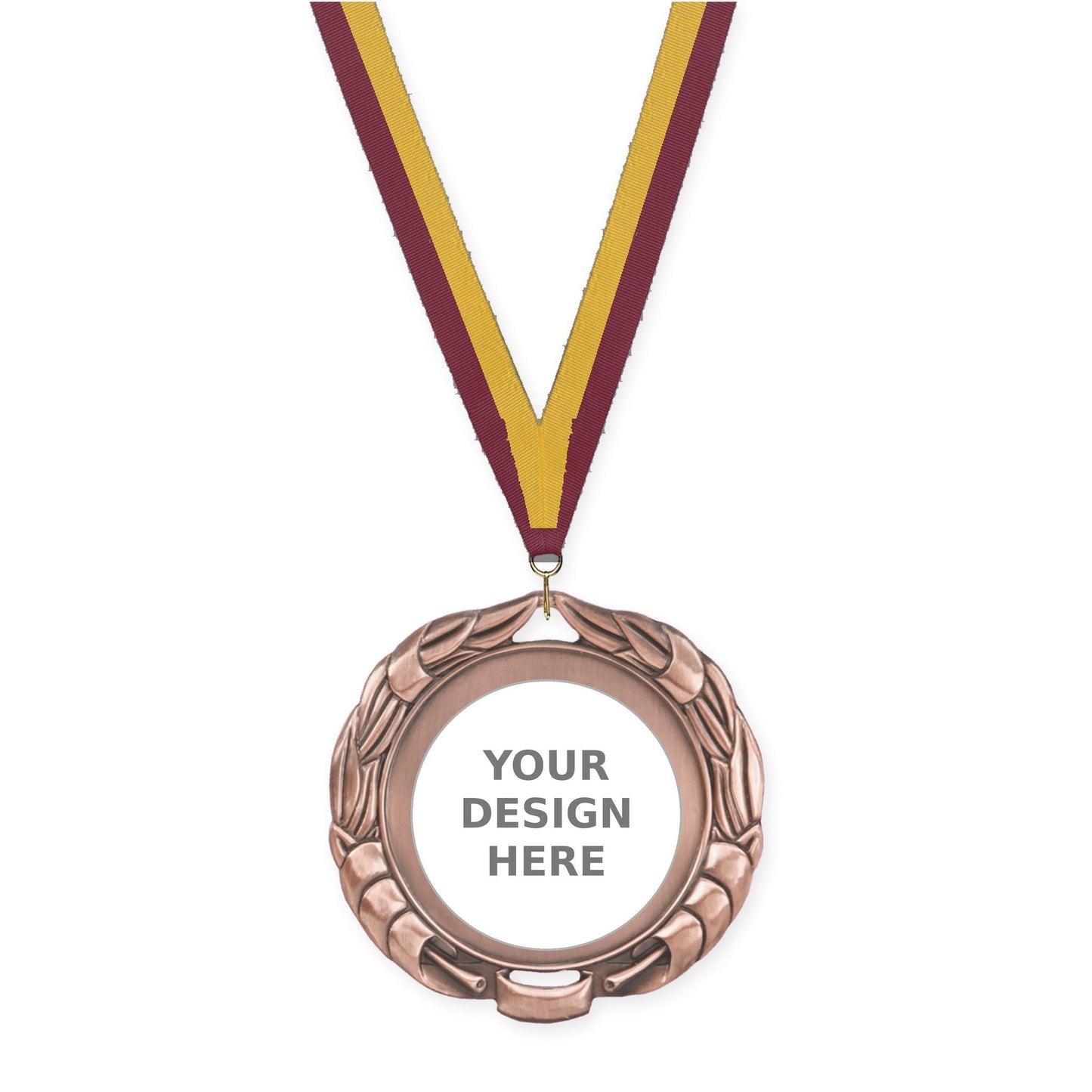 2 3/4 inch Double-Sided Wreath insert medal in antique bronze with Maroon Gold neck ribbon