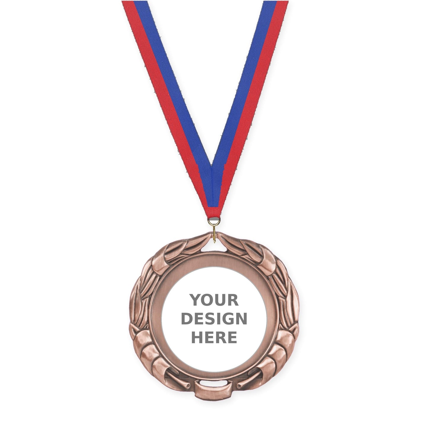2 3/4 inch Double-Sided Wreath insert medal in antique bronze with Blue Red neck ribbon
