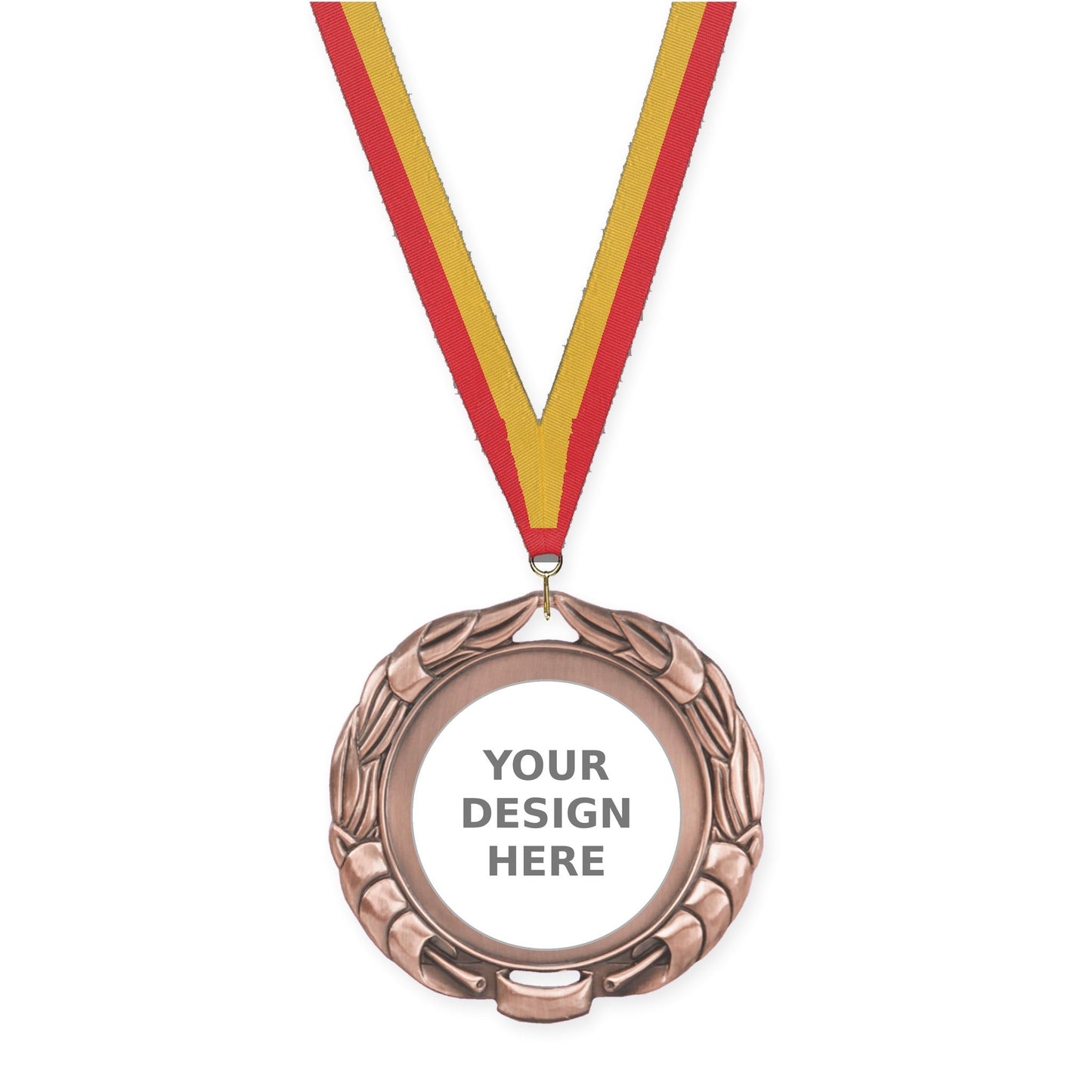 2 3/4 inch Double-Sided Wreath insert medal in antique bronze with Red Gold neck ribbon