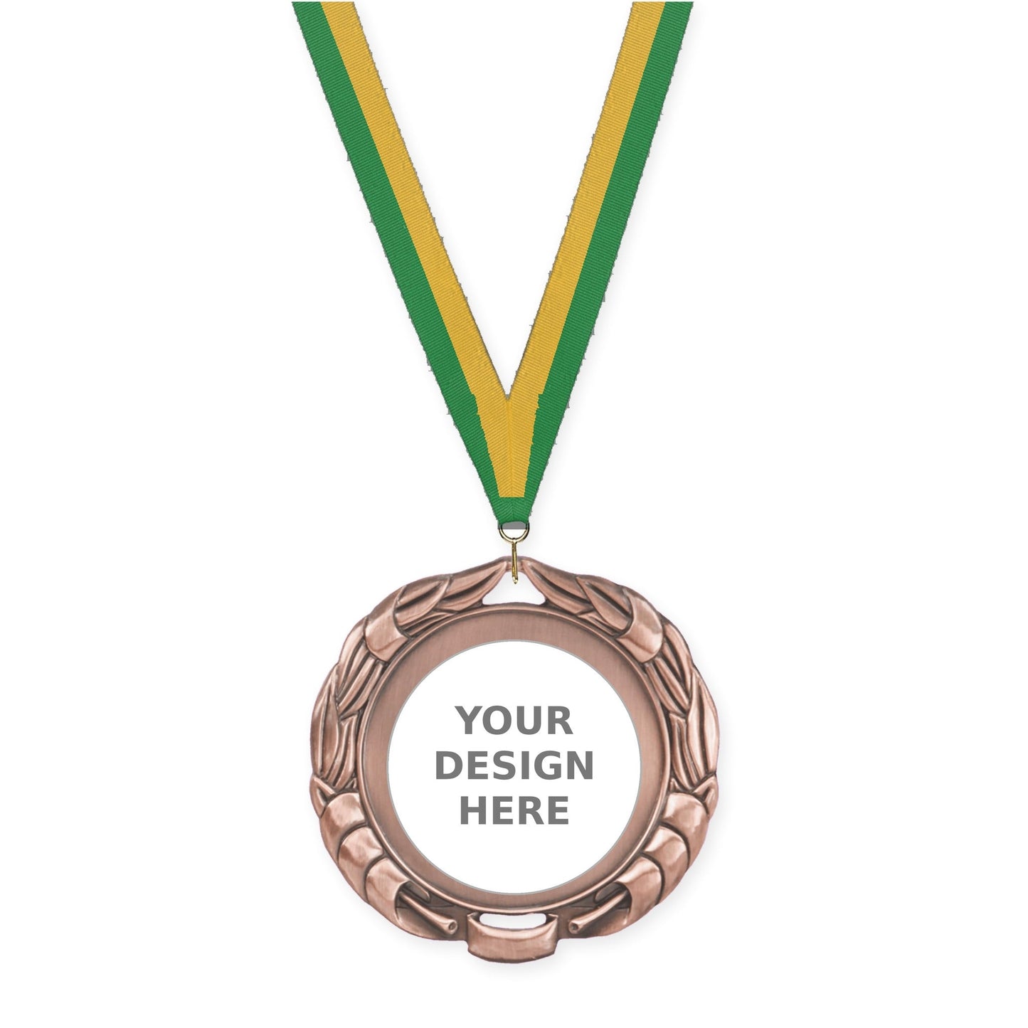 2 3/4 inch Double-Sided Wreath insert medal in antique bronze with Green Gold neck ribbon