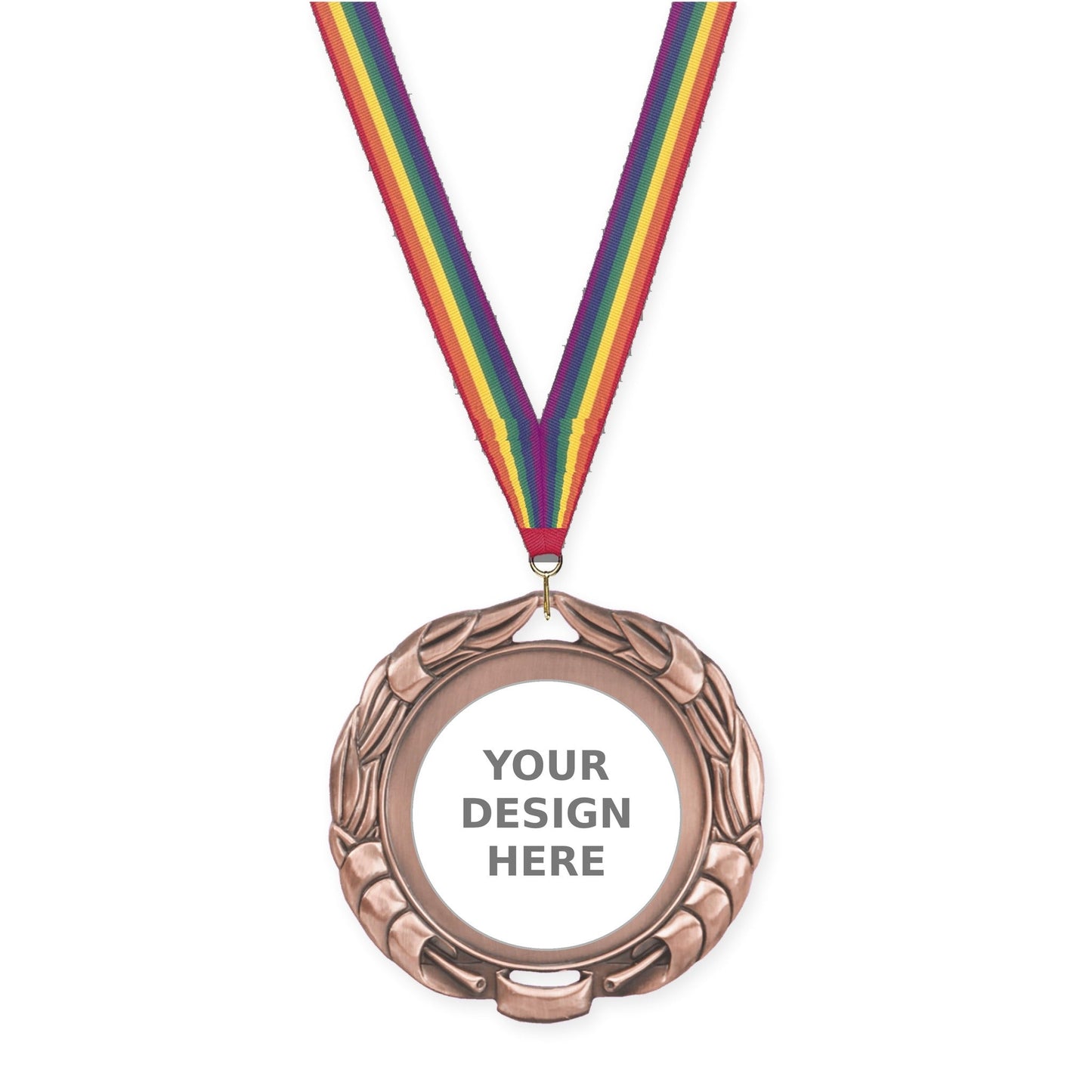 2 3/4 inch Double-Sided Wreath insert medal in antique bronze with Rainbow neck ribbon