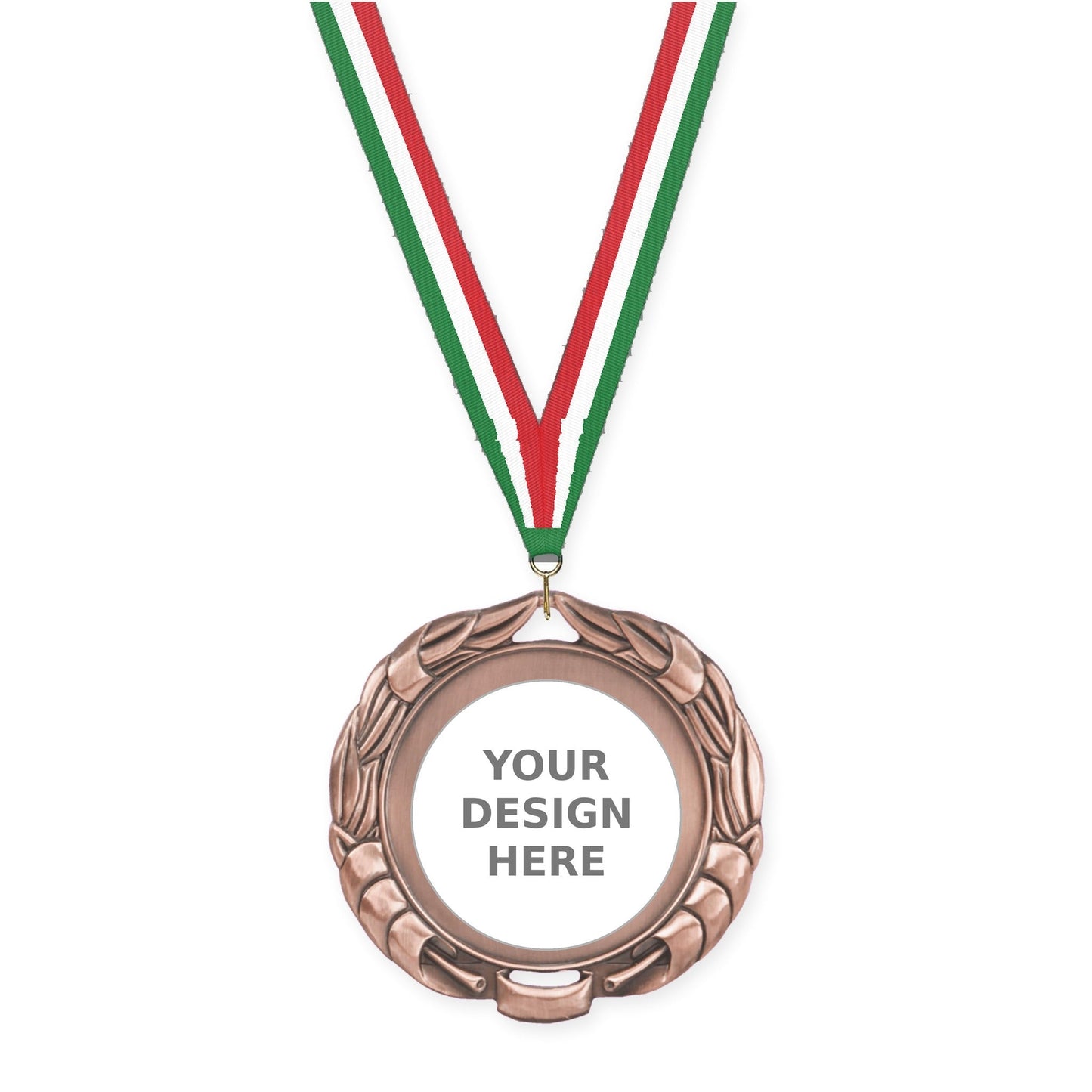 2 3/4 inch Double-Sided Wreath insert medal in antique bronze with Green White Red neck ribbon