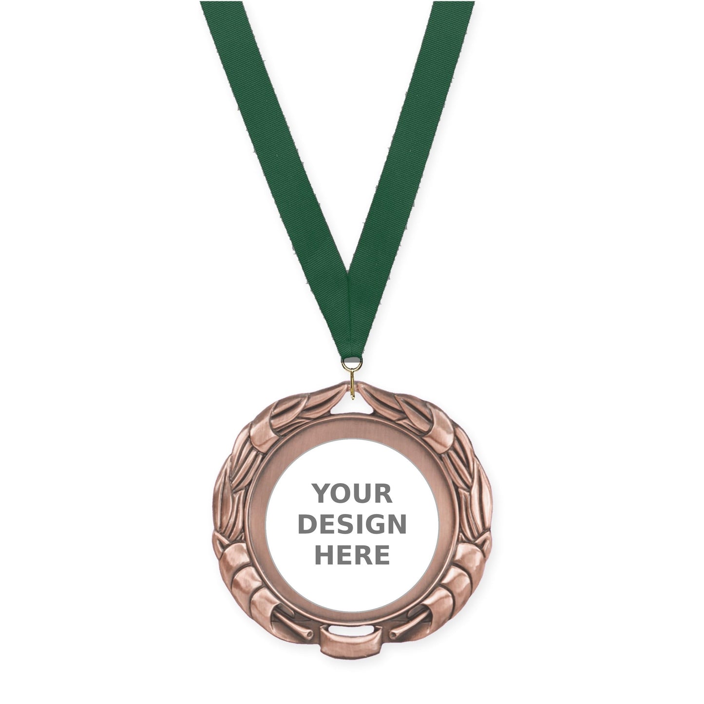 2 3/4 inch Double-Sided Wreath insert medal in antique bronze with Hunter Green neck ribbon