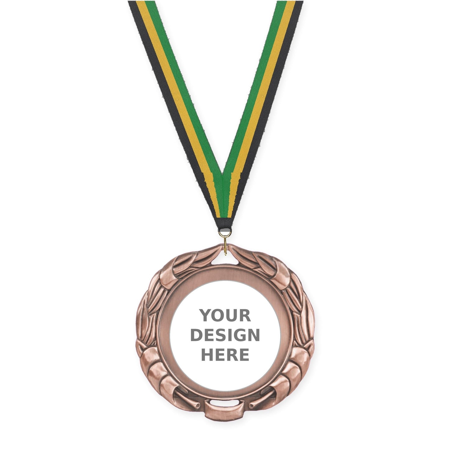 2 3/4 inch Double-Sided Wreath insert medal in antique bronze with Black Gold Green neck ribbon
