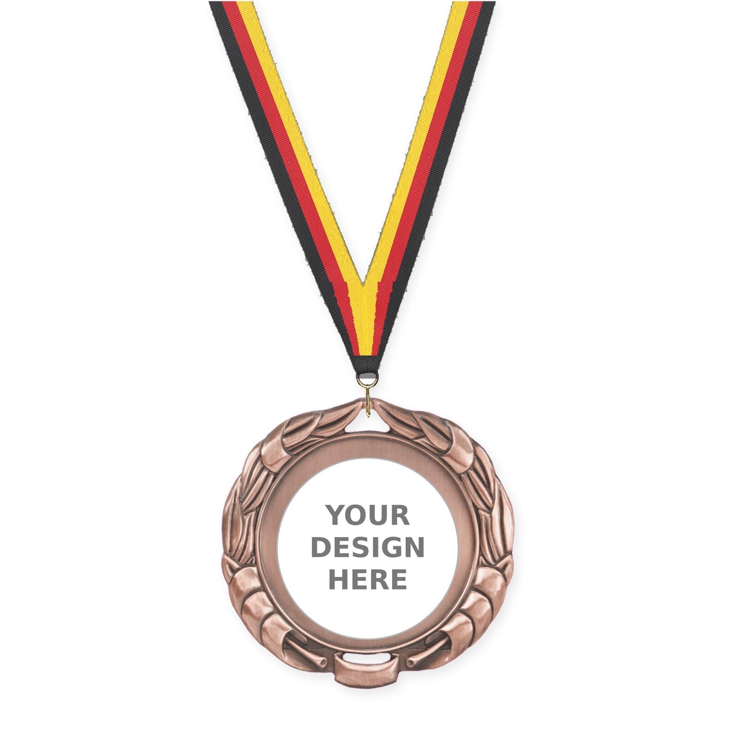 2 3/4 inch Double-Sided Wreath insert medal in antique bronze with Black Red Yellow neck ribbon