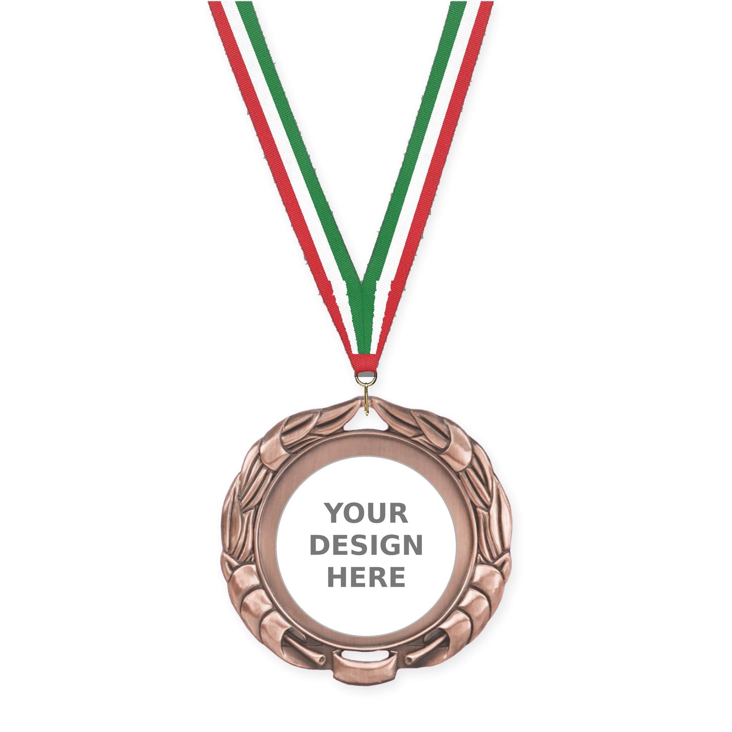 2 3/4 inch Double-Sided Wreath insert medal in antique bronze with Red White Green neck ribbon