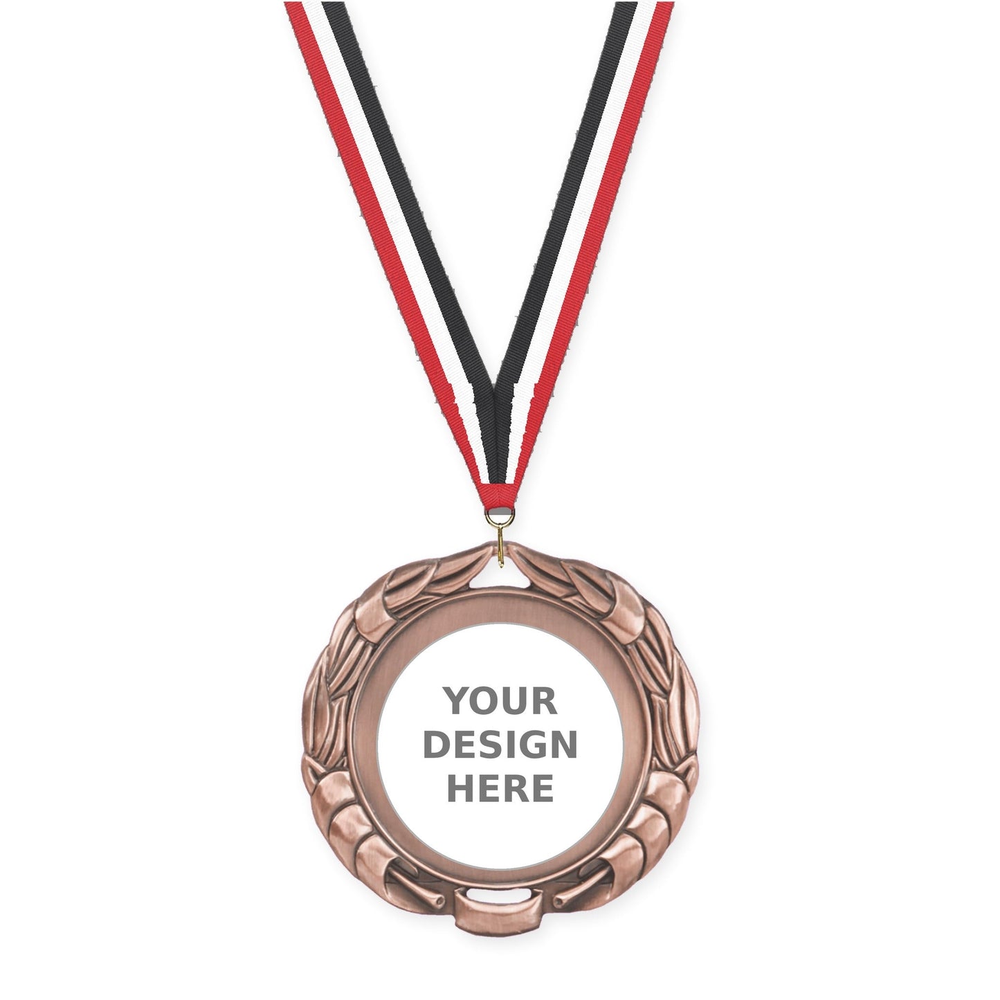 2 3/4 inch Double-Sided Wreath insert medal in antique bronze with Red White Black neck ribbon