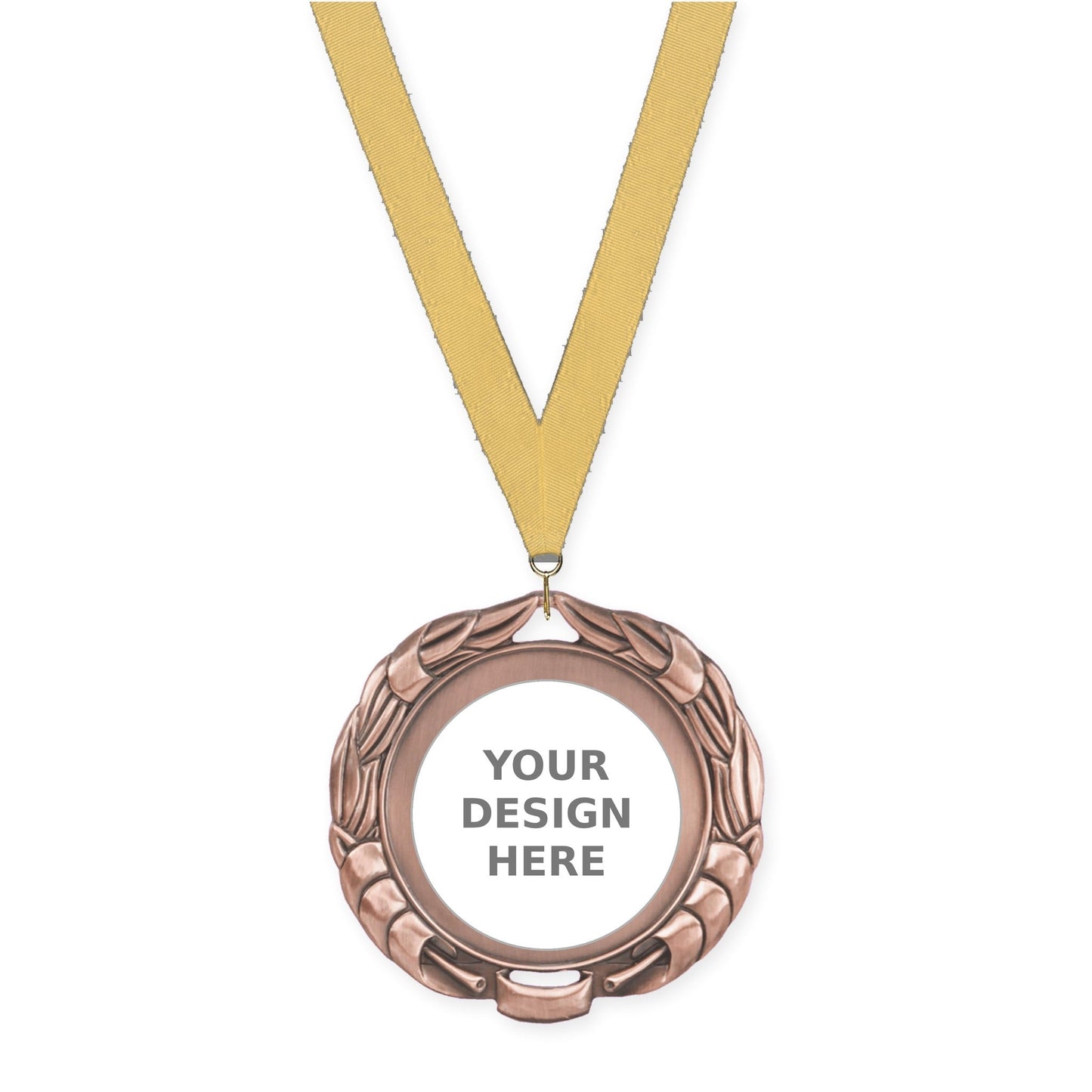 2 3/4 inch Double-Sided Wreath insert medal in antique bronze with Gold Metallic neck ribbon