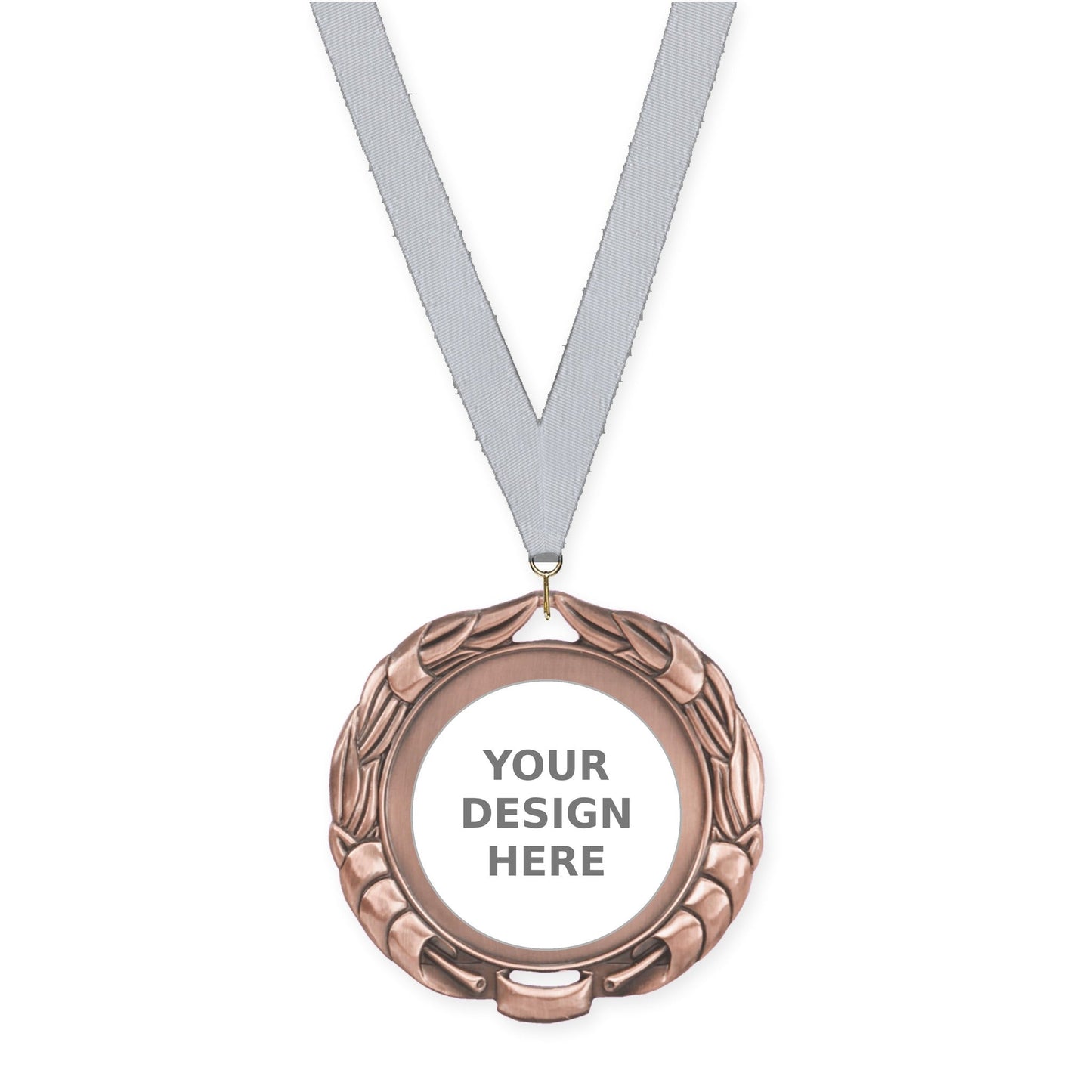 2 3/4 inch Double-Sided Wreath insert medal in antique bronze with Silver Metallic neck ribbon