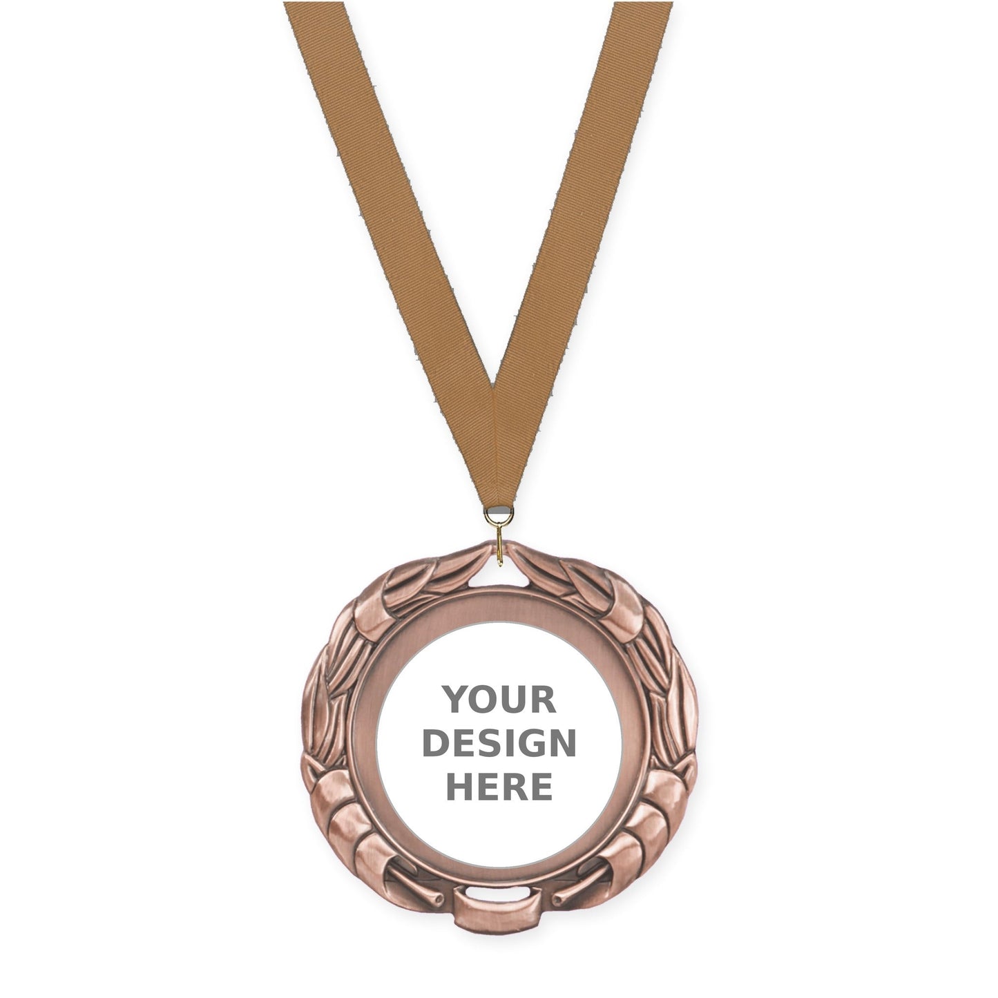 2 3/4 inch Double-Sided Wreath insert medal in antique bronze with Bronze Metallic neck ribbon