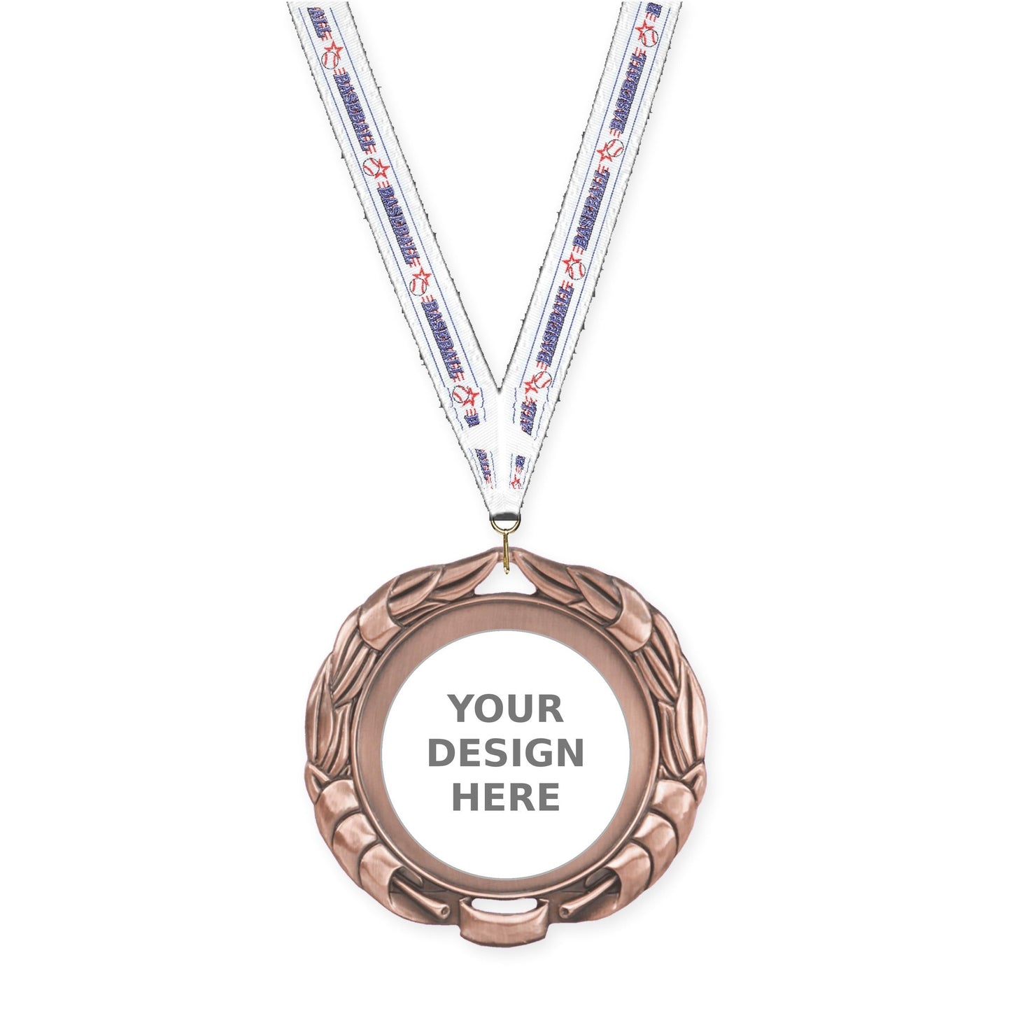 2 3/4 inch Double-Sided Wreath insert medal in antique bronze with Baseball neck ribbon