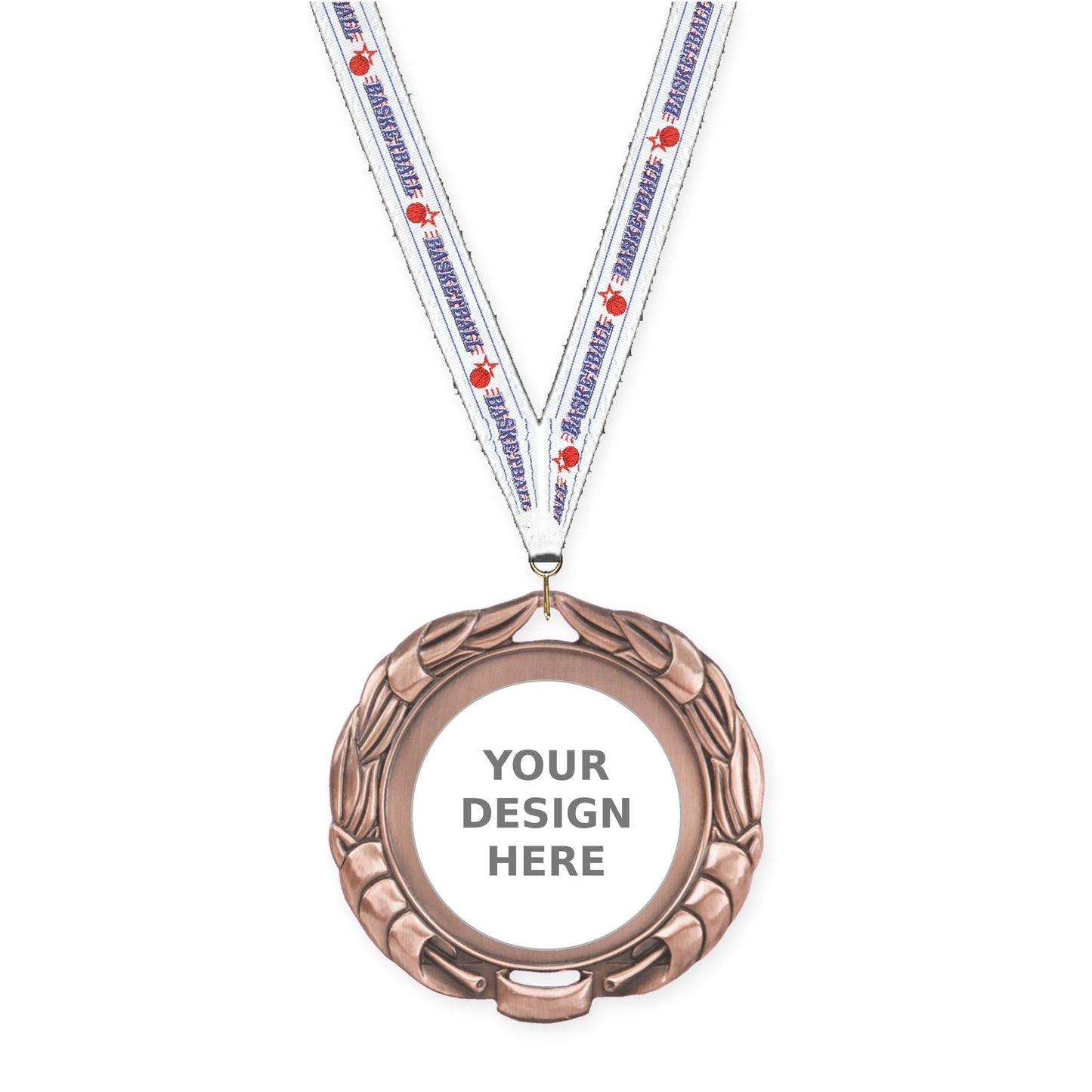2 3/4 inch Double-Sided Wreath insert medal in antique bronze with Basketball neck ribbon