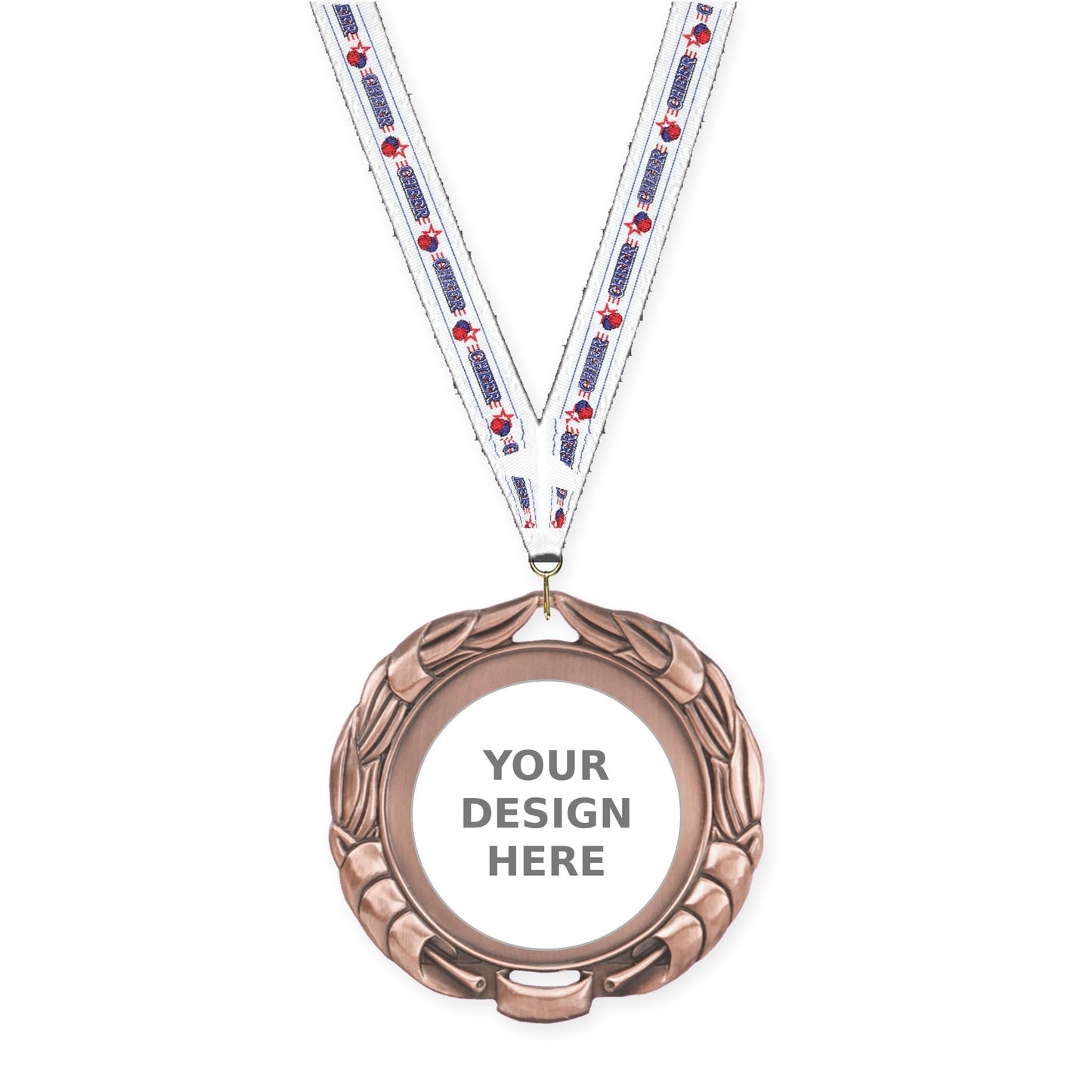 2 3/4 inch Double-Sided Wreath insert medal in antique bronze with Cheerleading neck ribbon