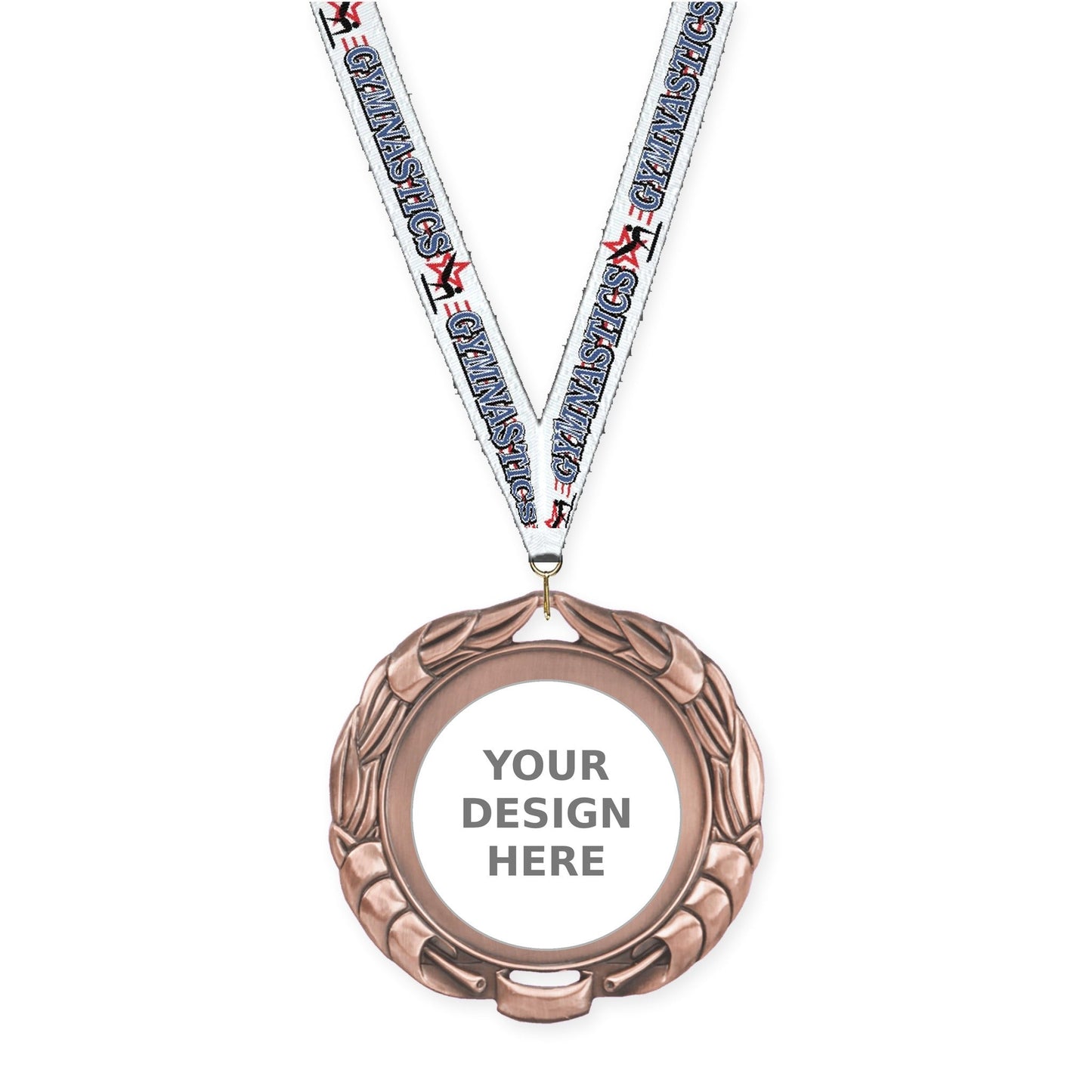 2 3/4 inch Double-Sided Wreath insert medal in antique bronze with Gymnastics neck ribbon