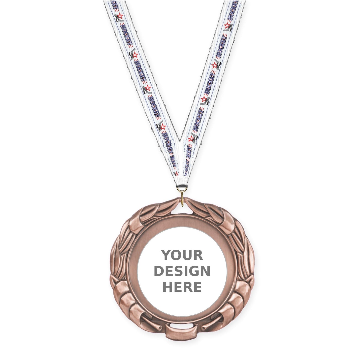 2 3/4 inch Double-Sided Wreath insert medal in antique bronze with Hockey neck ribbon