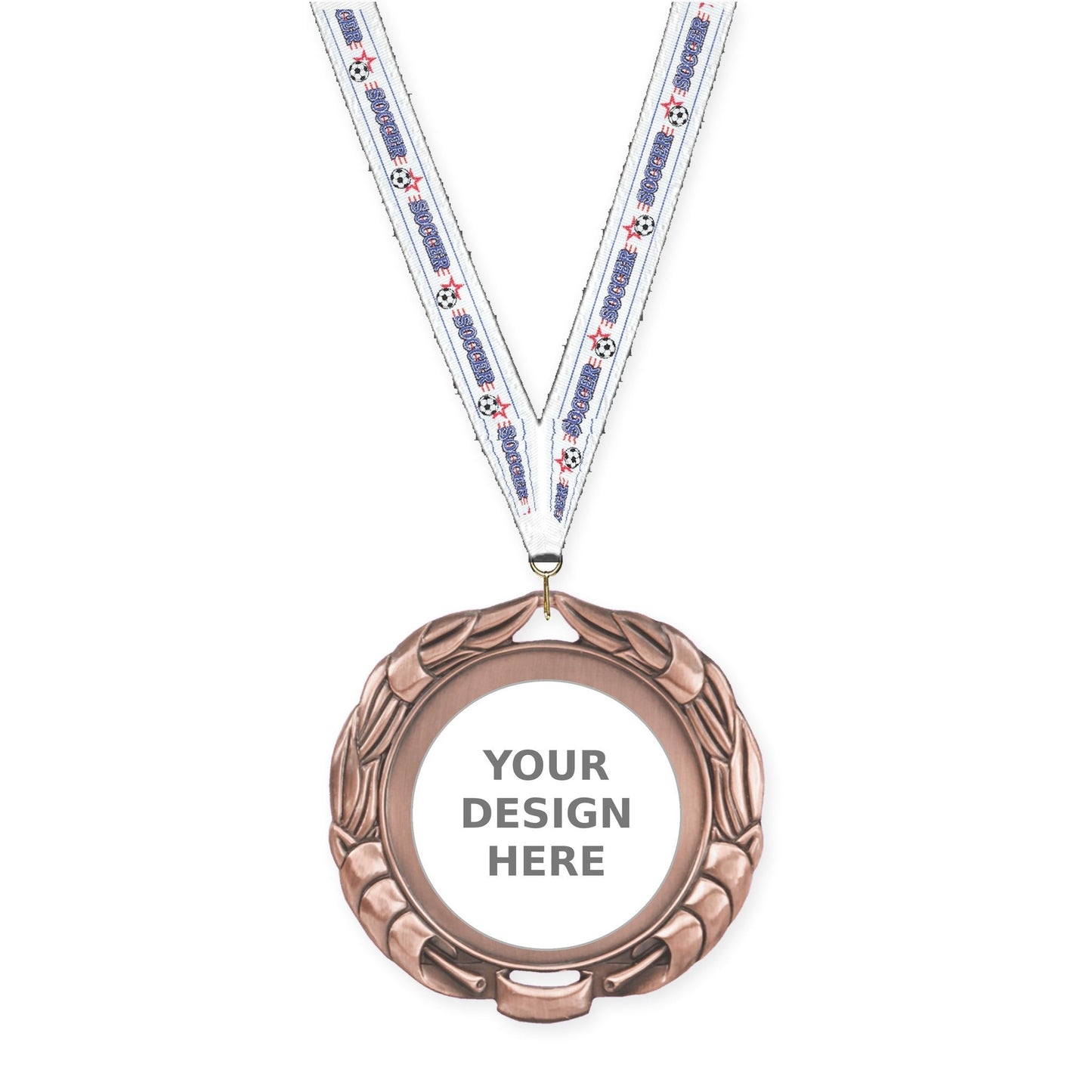 2 3/4 inch Double-Sided Wreath insert medal in antique bronze with Soccer neck ribbon