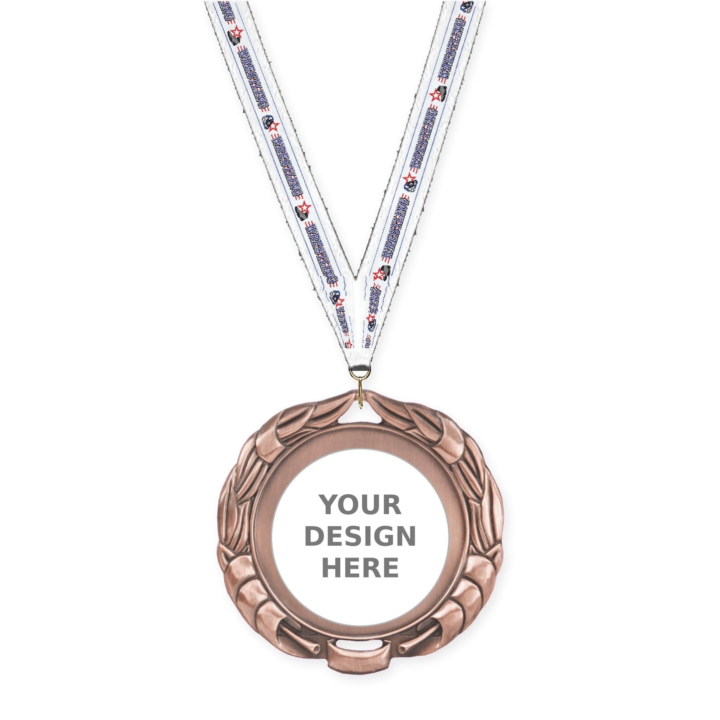2 3/4 inch Double-Sided Wreath insert medal in antique bronze with Wrestling neck ribbon