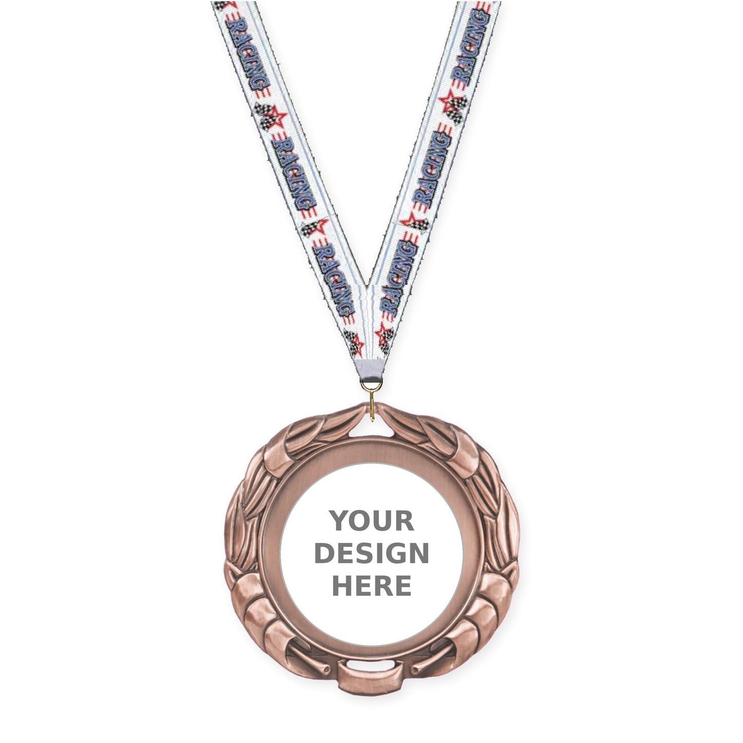 2 3/4 inch Double-Sided Wreath insert medal in antique bronze with Auto Racing neck ribbon