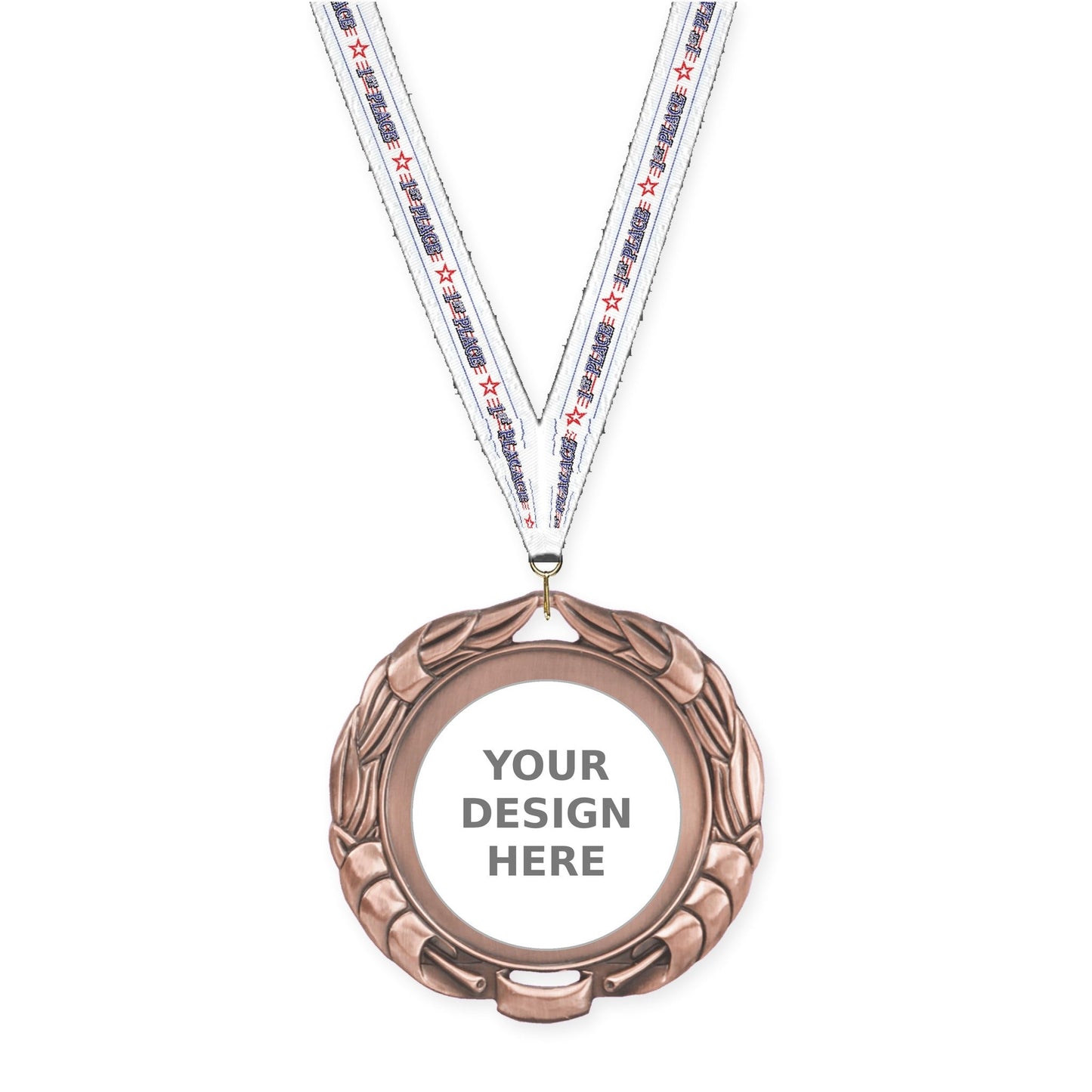 2 3/4 inch Double-Sided Wreath insert medal in antique bronze with 1st Place neck ribbon