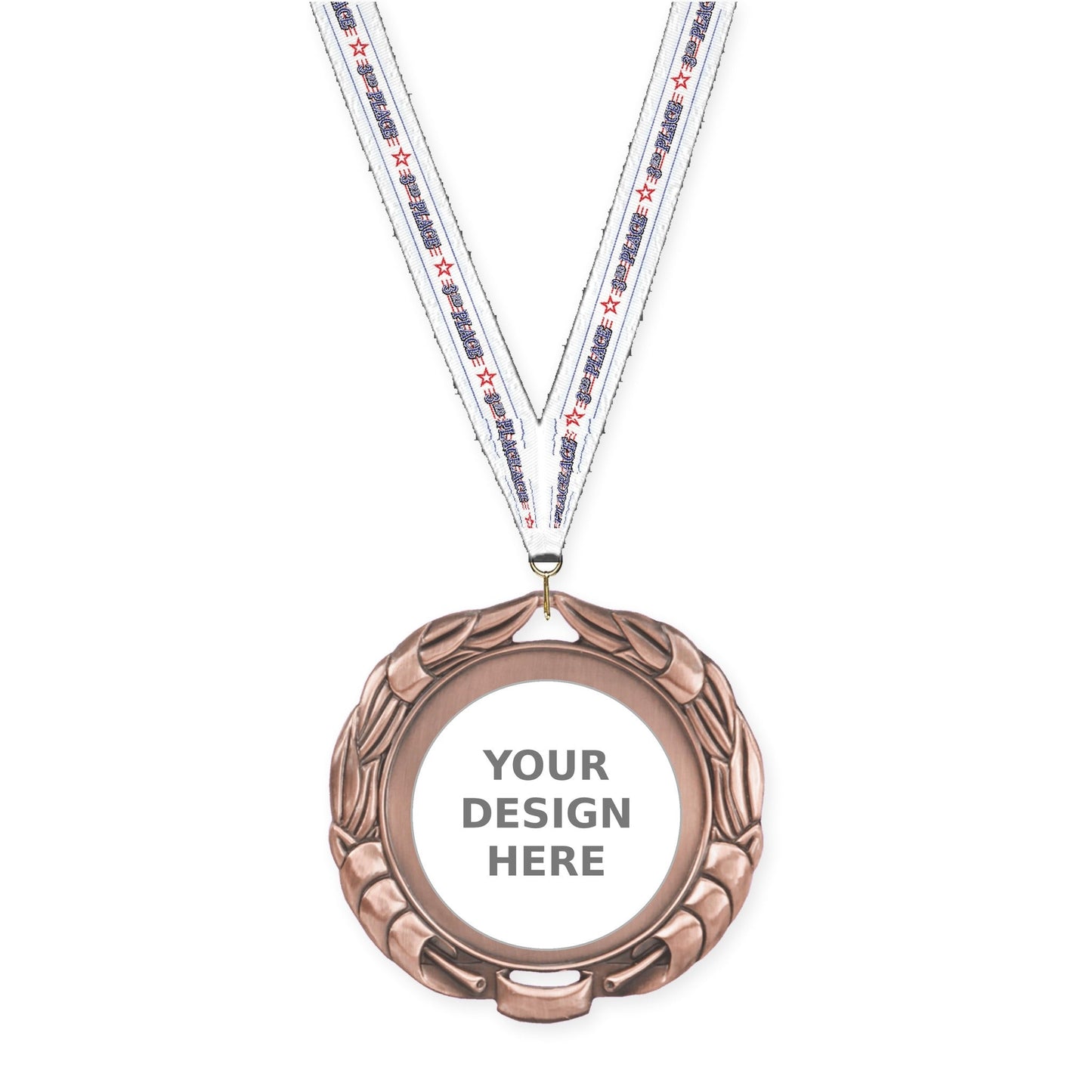 2 3/4 inch Double-Sided Wreath insert medal in antique bronze with 3rd Place neck ribbon