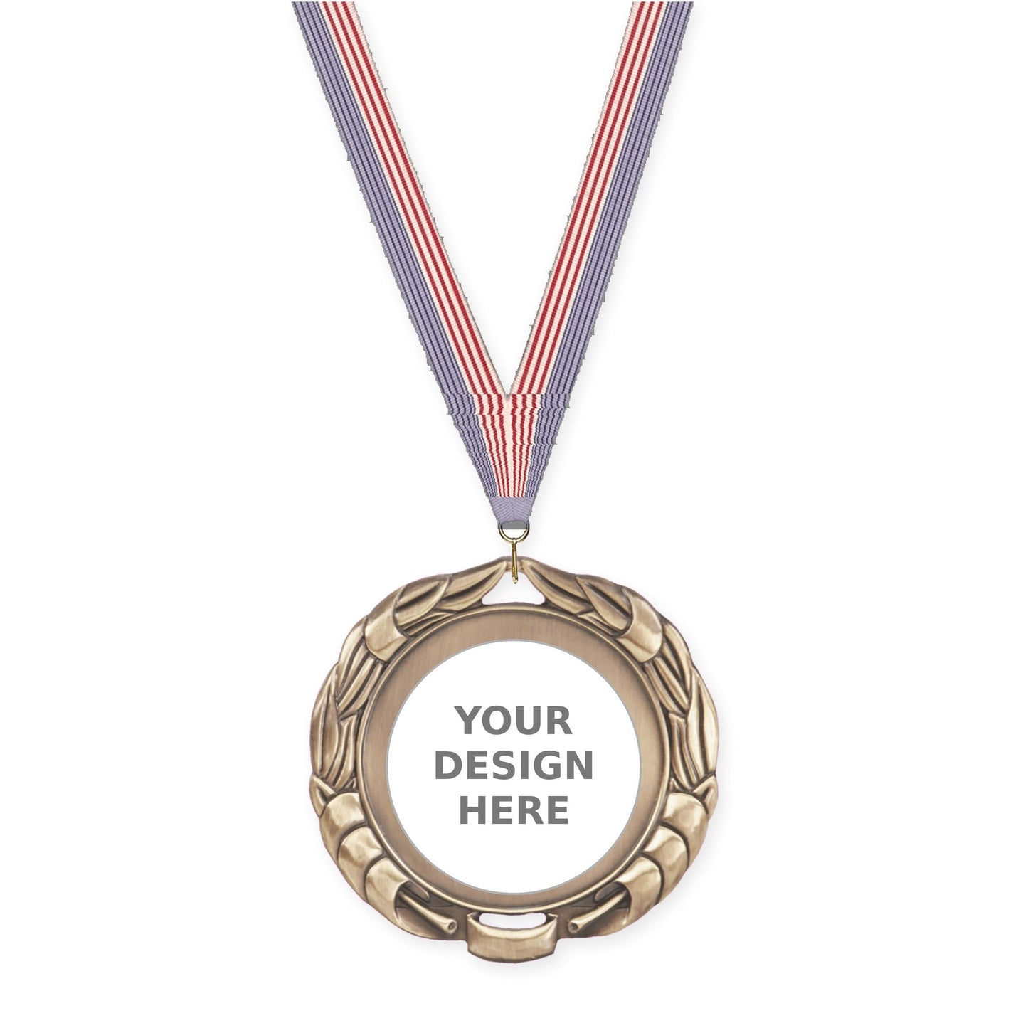 2 3/4 inch Double-Sided Wreath insert medal in antique gold with USA Flag neck ribbon