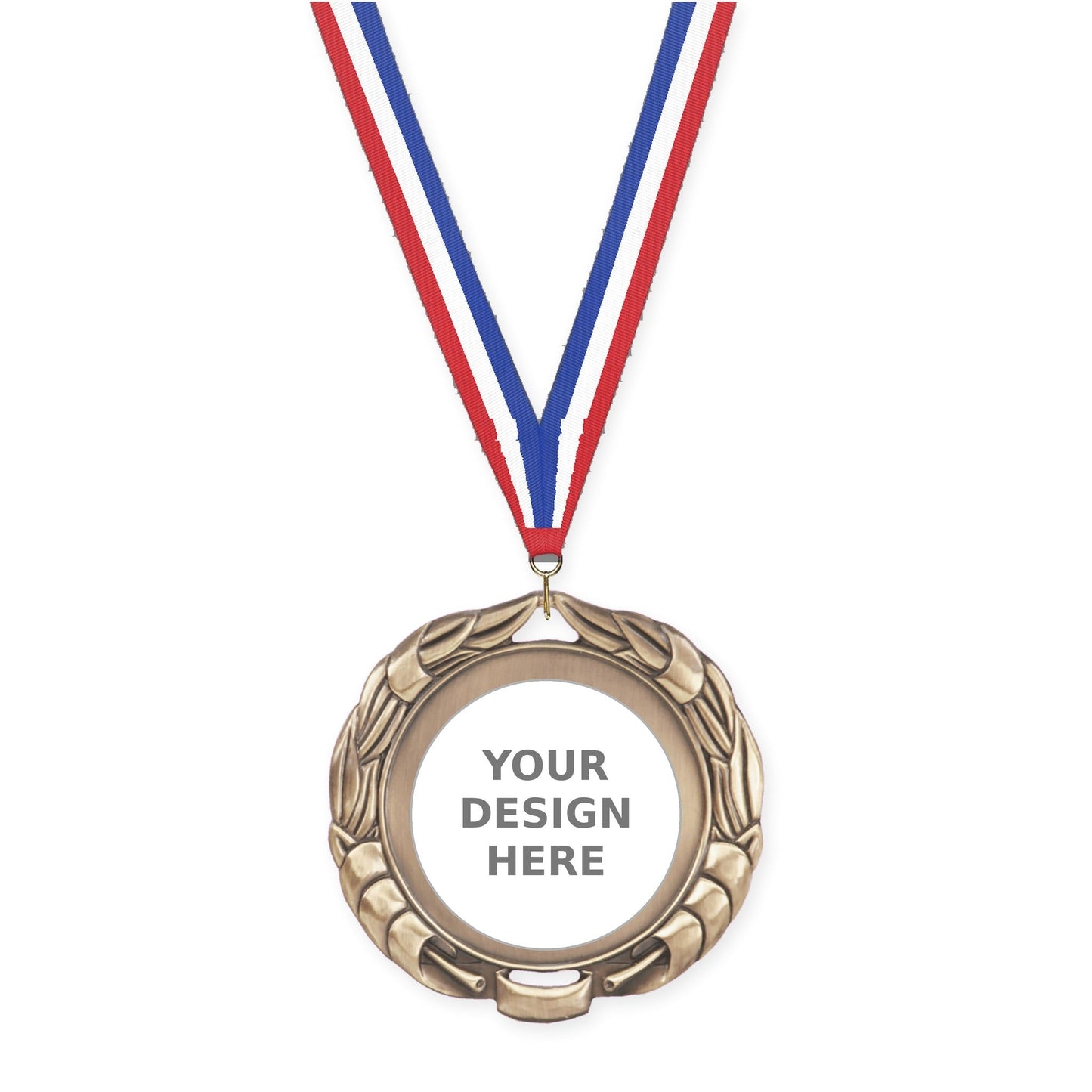 2 3/4 inch Double-Sided Wreath insert medal in antique gold with Red White Blue neck ribbon