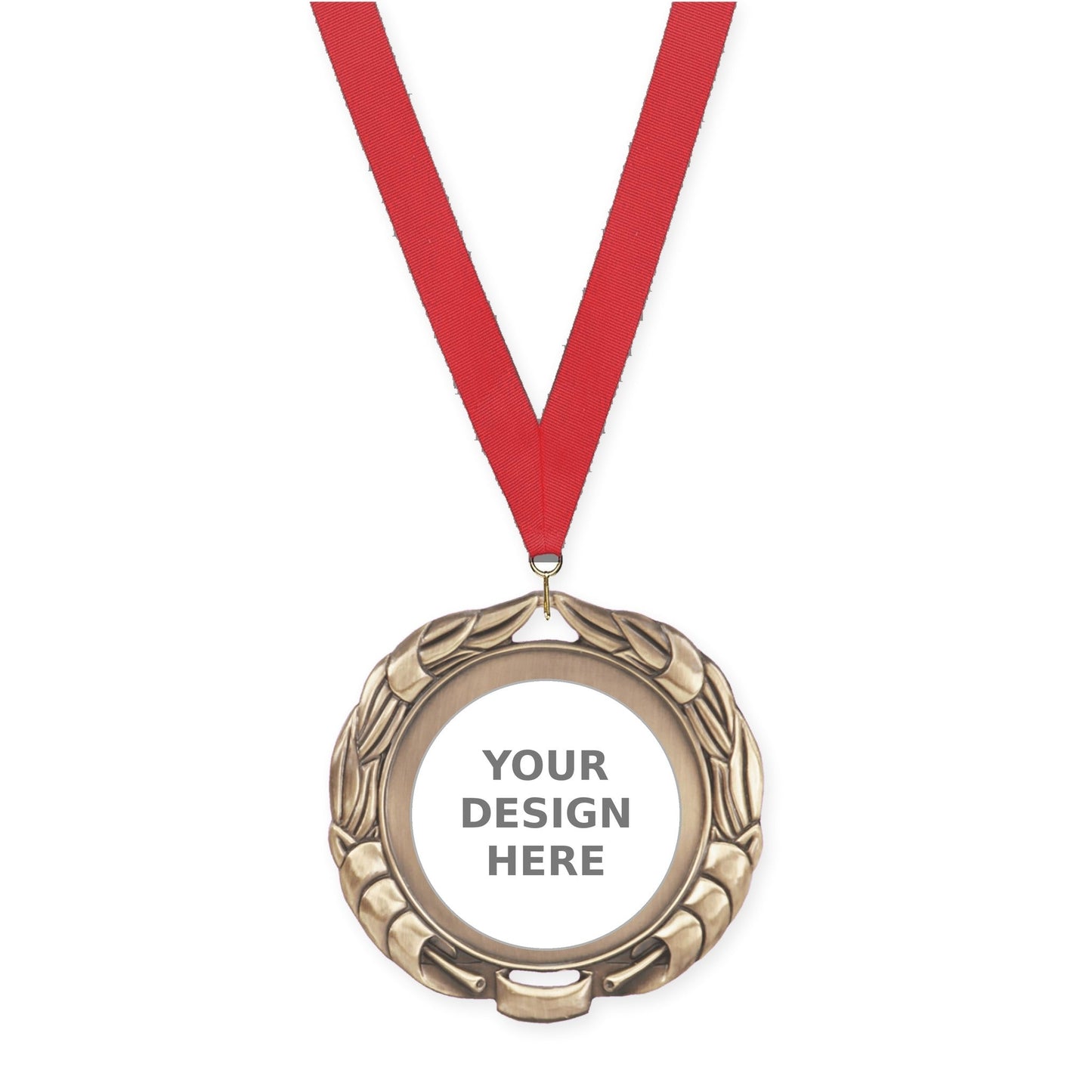 2 3/4 inch Double-Sided Wreath insert medal in antique gold with Red neck ribbon
