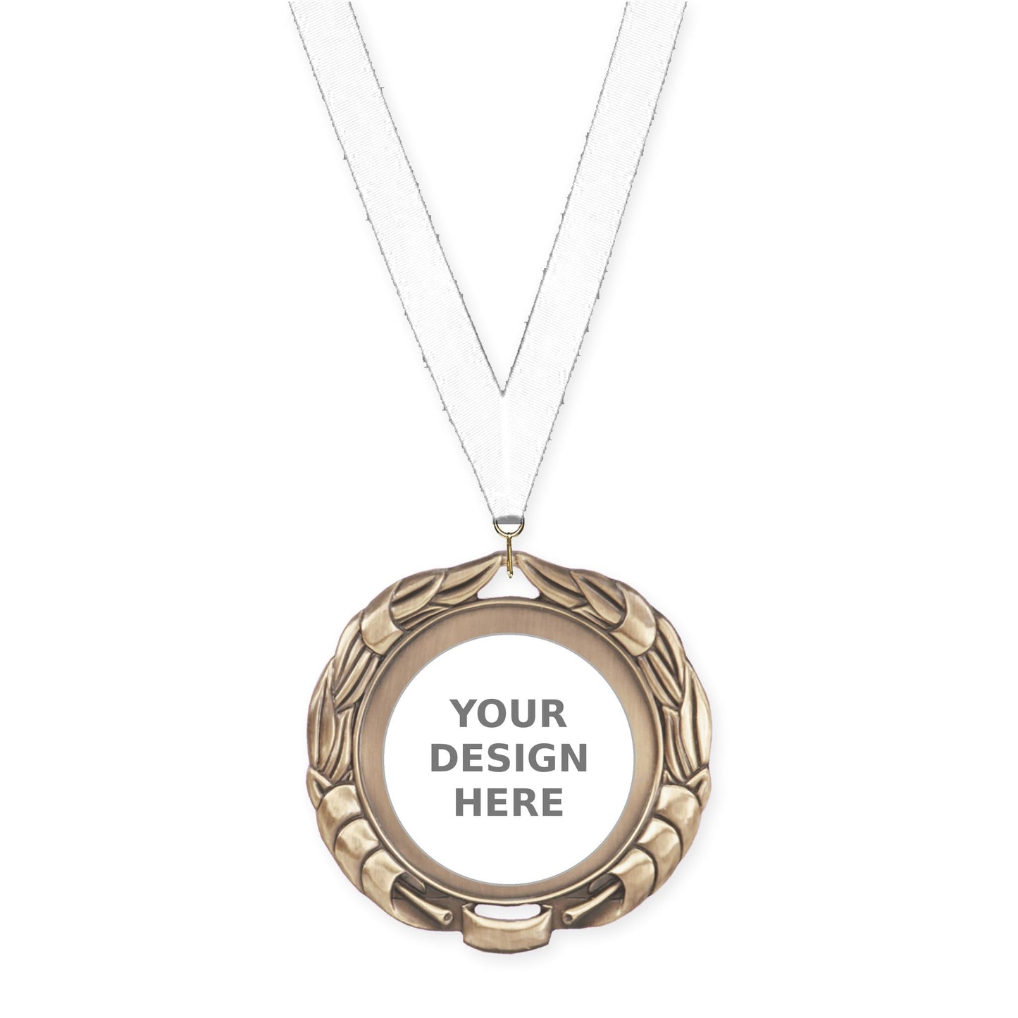 2 3/4 inch Double-Sided Wreath insert medal in antique gold with White neck ribbon