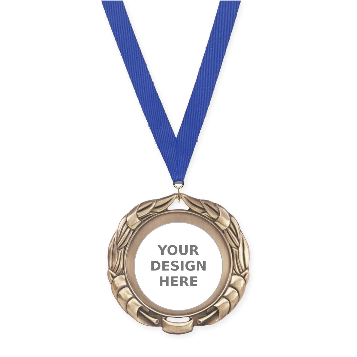 2 3/4 inch Double-Sided Wreath insert medal in antique gold with Blue neck ribbon