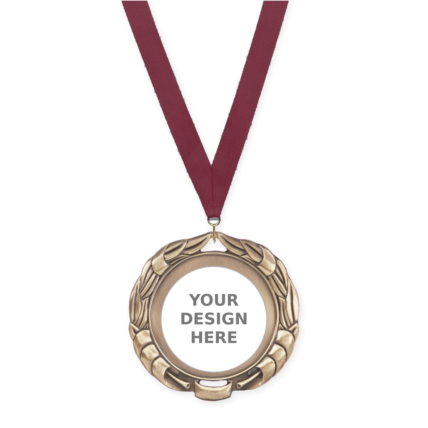 2 3/4 inch Double-Sided Wreath insert medal in antique gold with Maroon neck ribbon