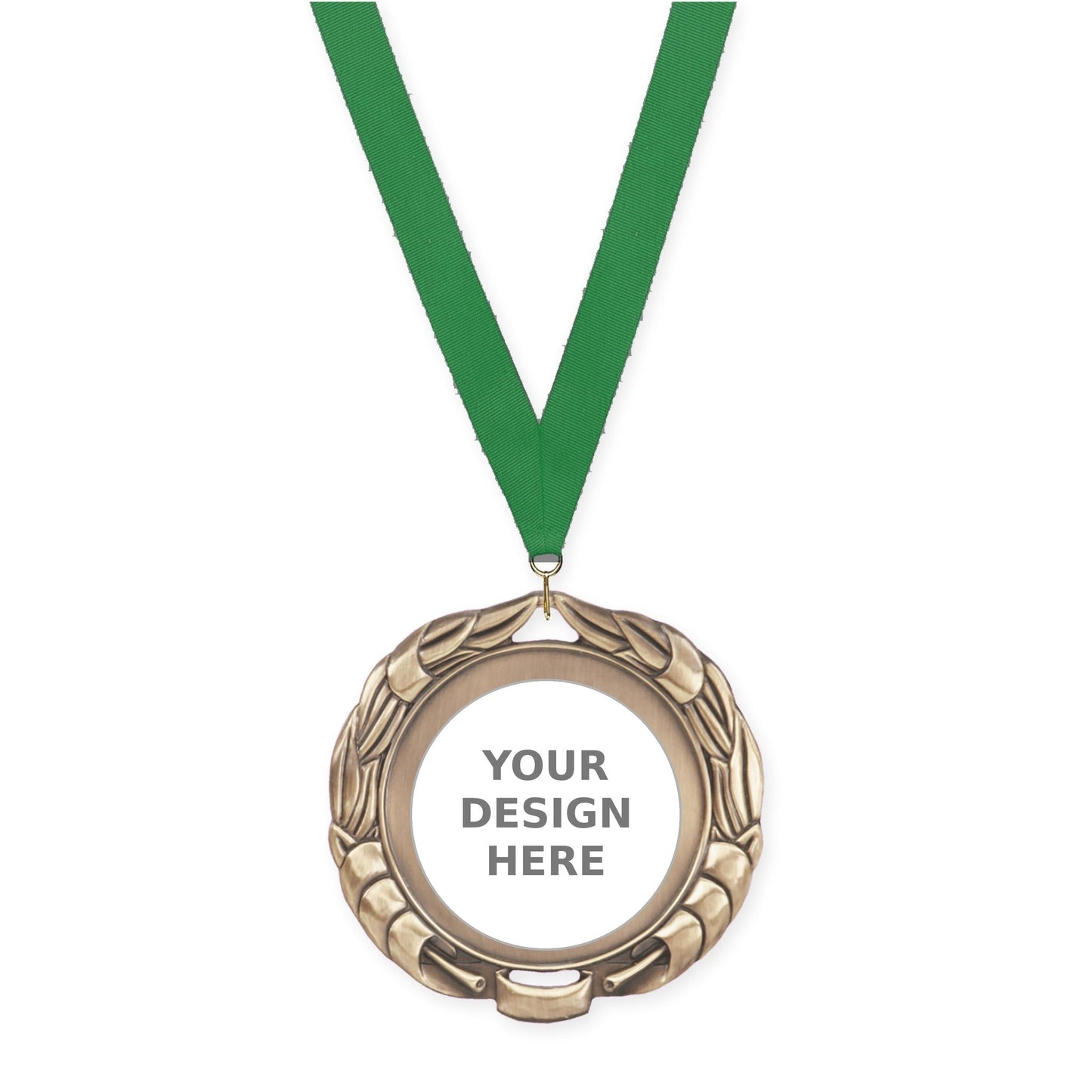 2 3/4 inch Double-Sided Wreath insert medal in antique gold with Green neck ribbon