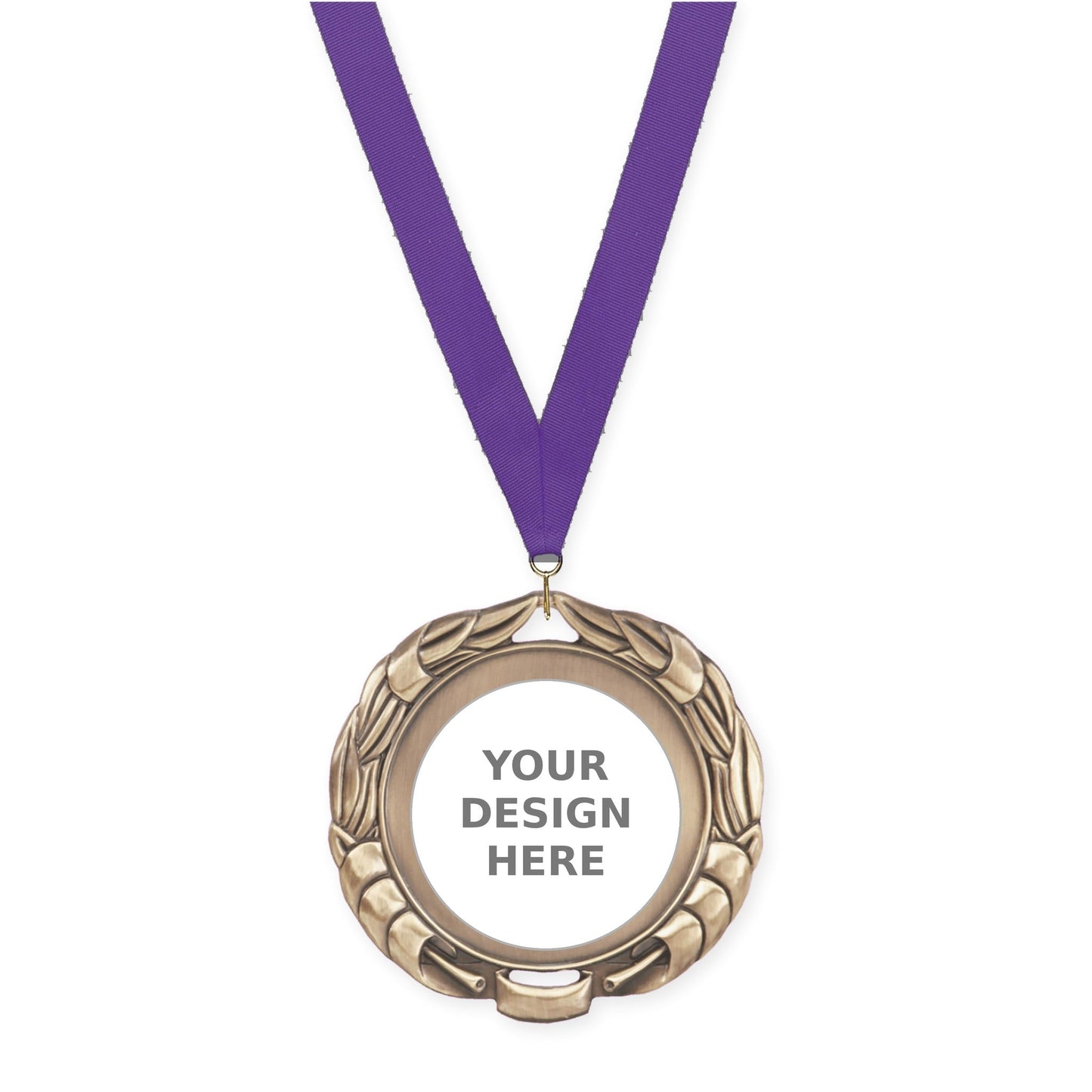 2 3/4 inch Double-Sided Wreath insert medal in antique gold with Purple neck ribbon
