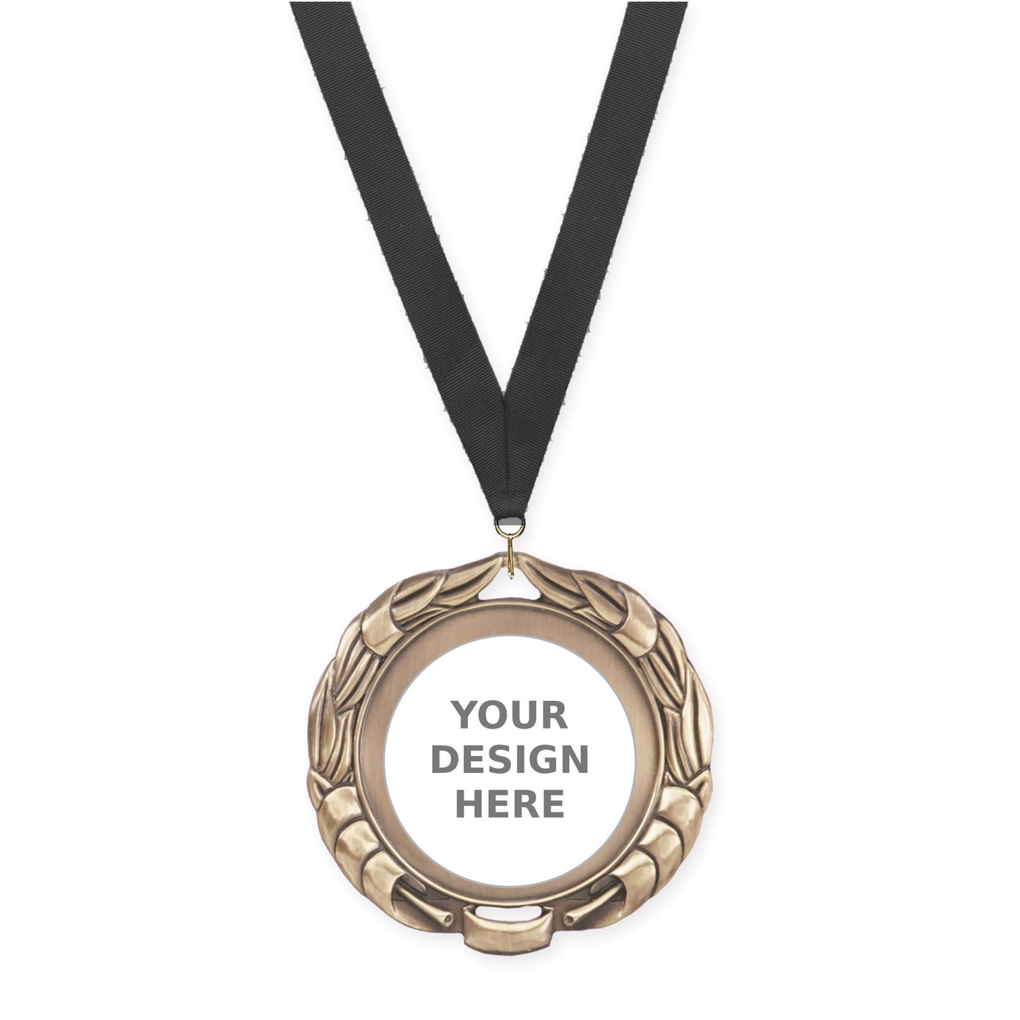 2 3/4 inch Double-Sided Wreath insert medal in antique gold with Black neck ribbon