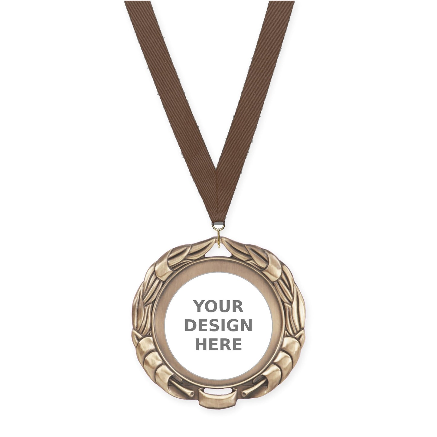 2 3/4 inch Double-Sided Wreath insert medal in antique gold with Brown neck ribbon