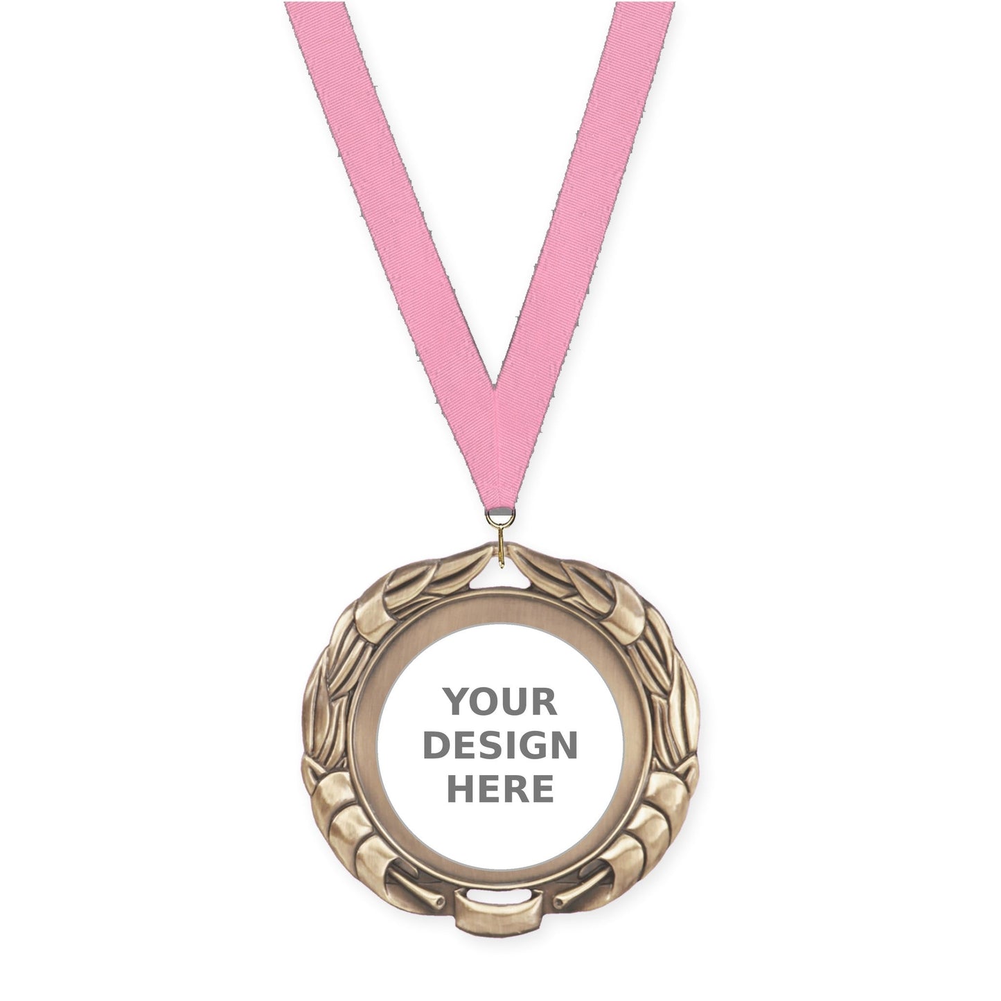 2 3/4 inch Double-Sided Wreath insert medal in antique gold with Pink neck ribbon