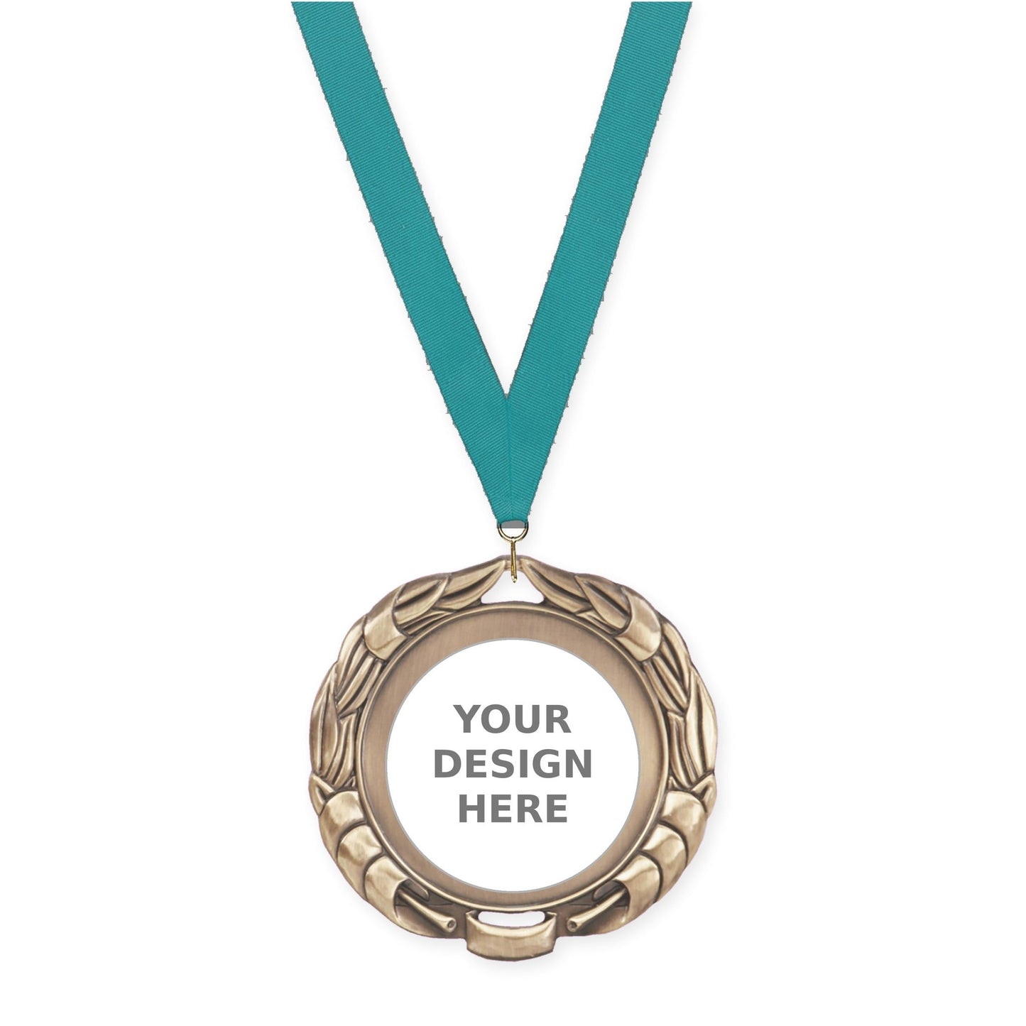2 3/4 inch Double-Sided Wreath insert medal in antique gold with Teal neck ribbon